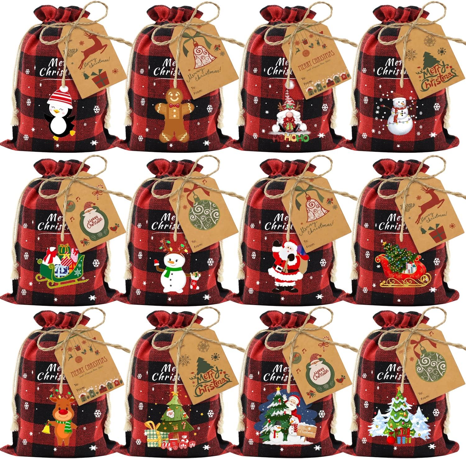 36Pcs Cotton Christmas Drawstring Bags Buffalo Plaid Xmas Gift Bags