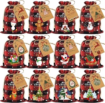 Aviski 36PCS Cotton Medium Christmas Drawstring Candy Treat Bags Buffalo Plaid Xmas Xmas Christmas Fabric Goody Gift Sacks Reusable Gift Wrapping Bags Holiday Party Favors - Red/Black