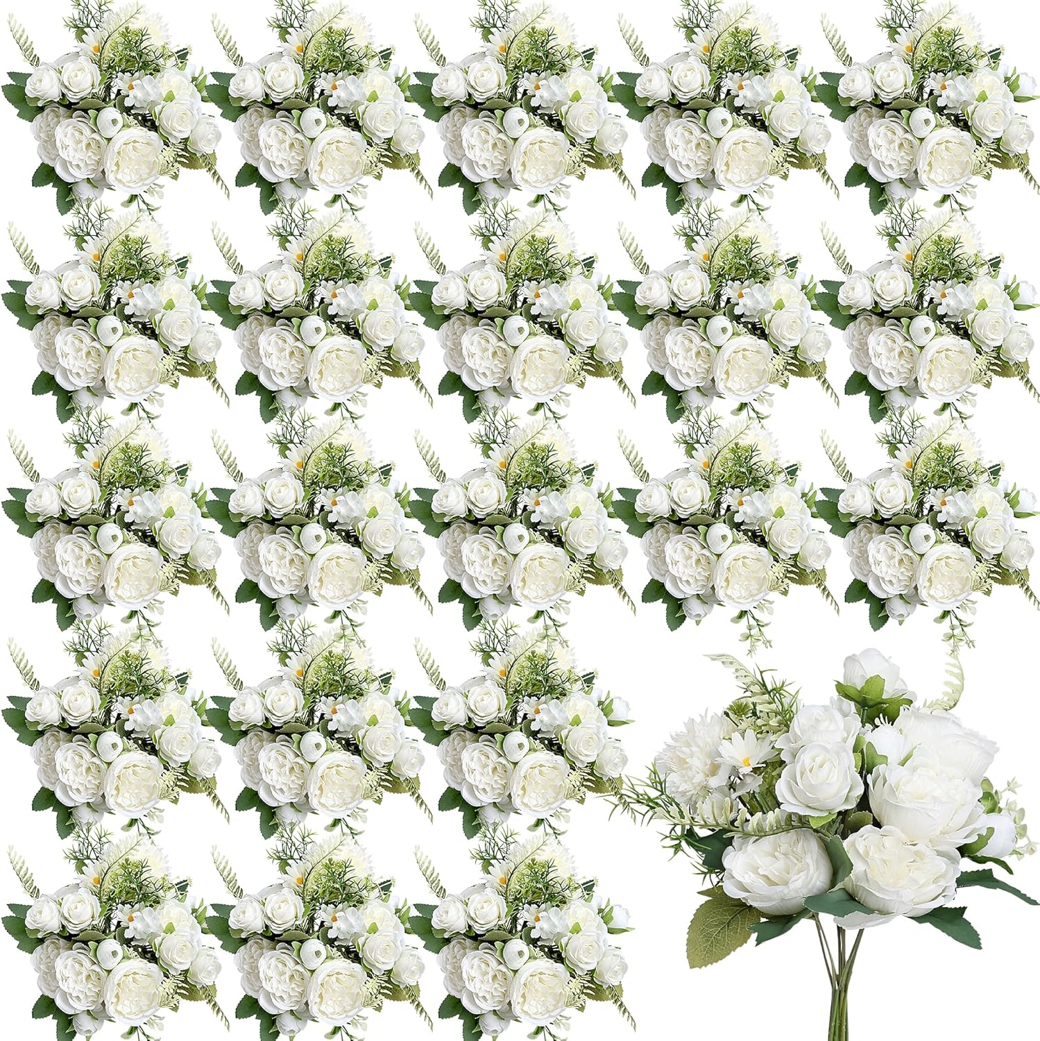Peonies Artificial Flowers, 24 Bundles Silk Fake Roses with Stems Faux Flower Arrangements for Spring Summer Wedding Bouquet Home Bridal Baby Shower Party Event Centerpieces Vase Office(White)