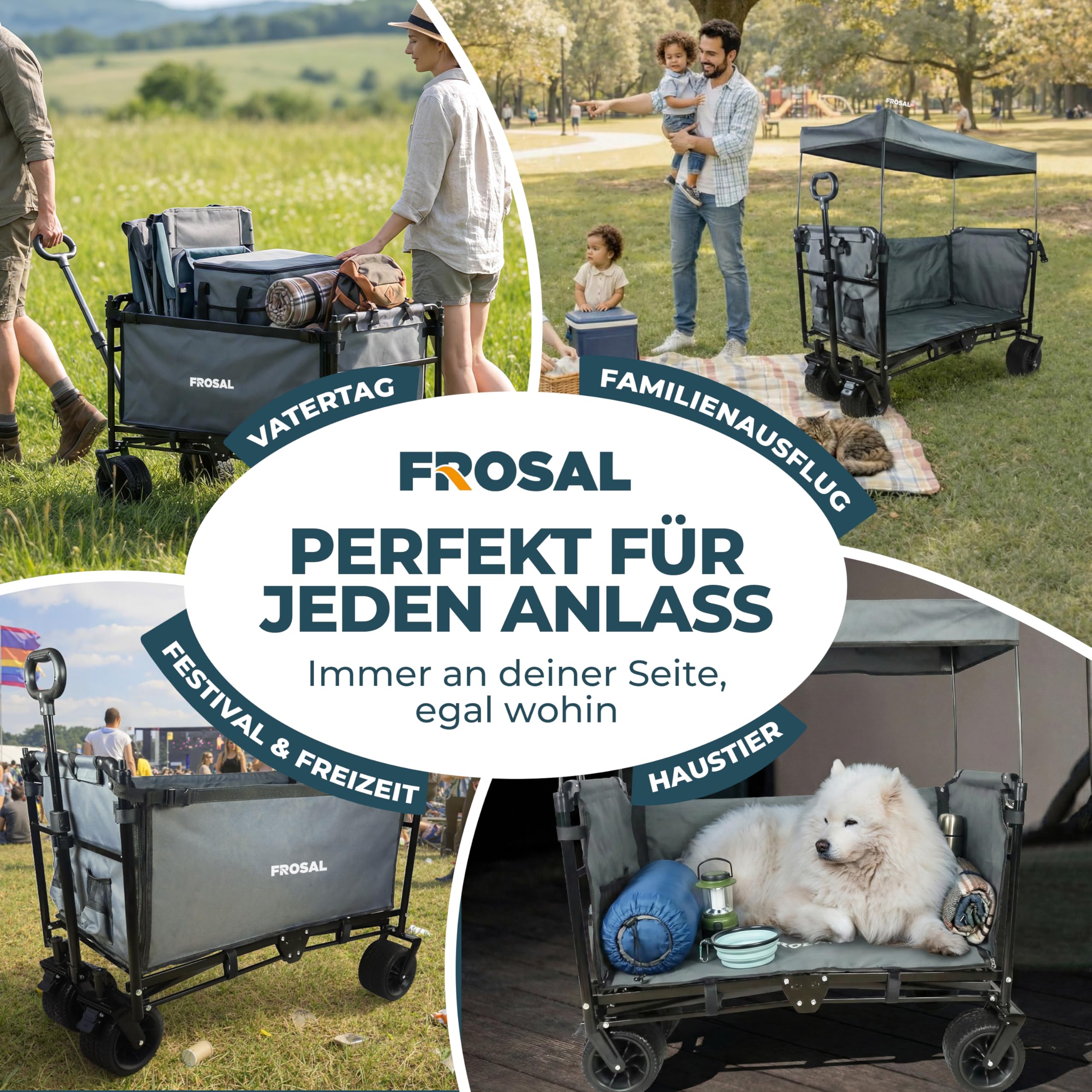 FROSAL Bollerwagen Tom faltbar mit Dach – Handwagen klappbar für Kinder, Hund & Transport – 80kg belastbar –pannensichere Räder & höhenverstellbare Zugstange – Garten & Camping Wagen grau