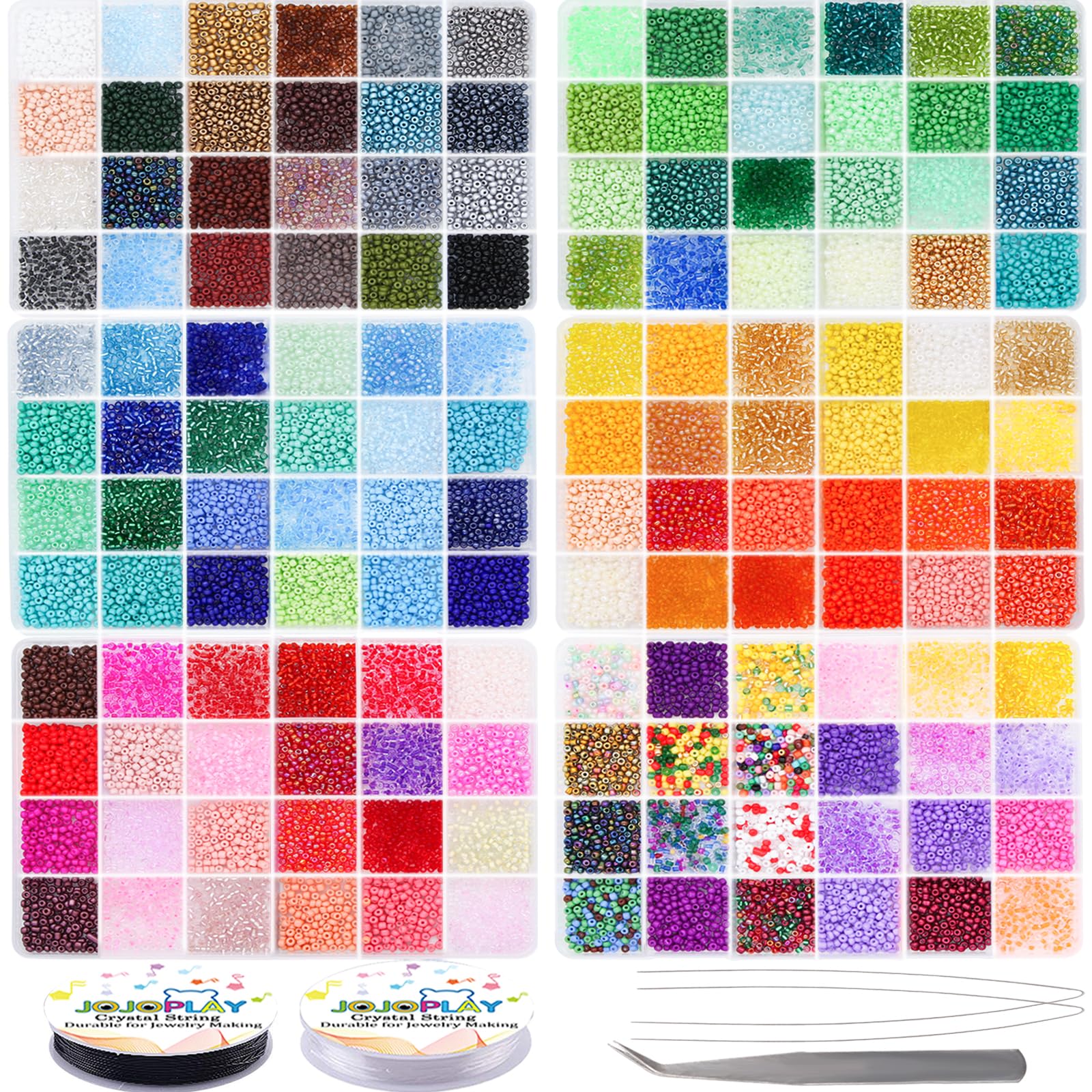 Kit de cuentas de cristal de 3 mm, cuentas de cintura pequeña 8/0 con pinzas elásticas para hacer joyas (144 colores)