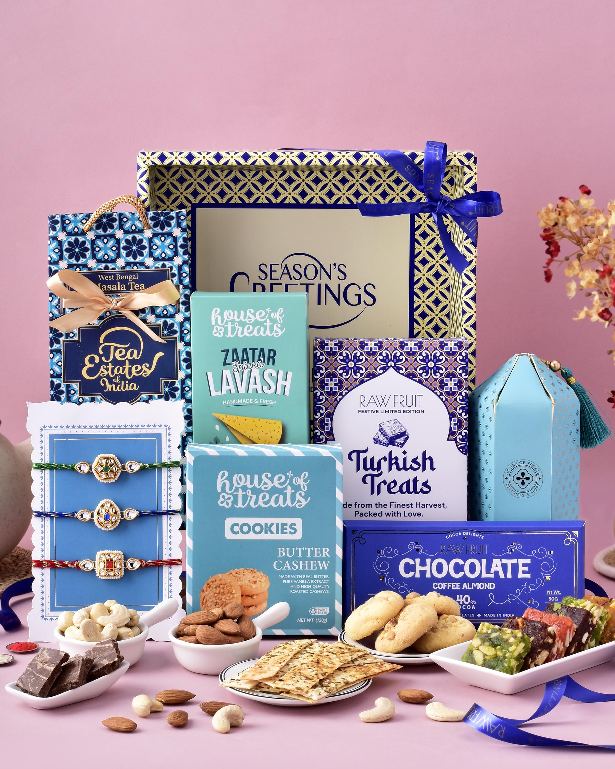 HyperFoods® Rakhi For Brother Gift Hamper For Brother for Raksha Bandhan with Tray Tea Dryfruits Chocolates Set of 3 Rakhi with Roli & Rice-image-27