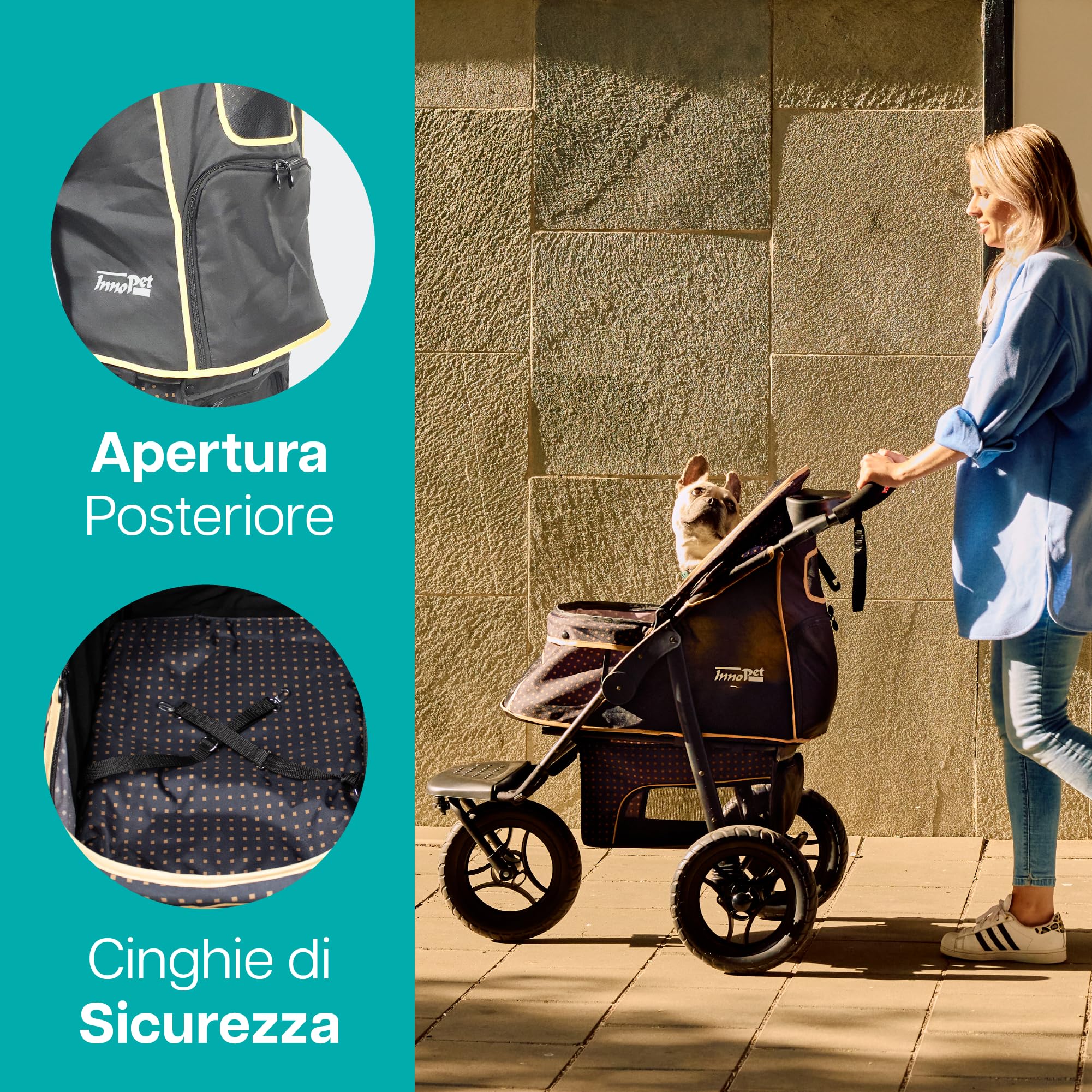 Passeggino Innopet Adventure per cani e gatti, nero/giallo - Passeggino fuoristrada Capacità 30 kg - Ruote antiforatura - Chiusura con una sola mano - Portabicchieri e ampio vano portaoggetti