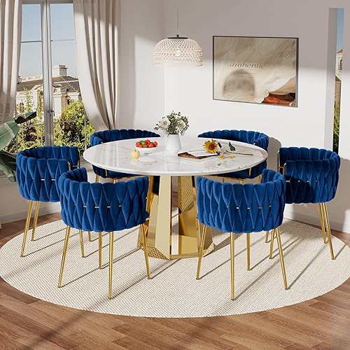 Miniatura 17 de Moderno juego de mesa redonda de comedor para 4, juego de mesa de comedor de mármol blanco de 5 piezas, mesa de comedor dorada de lujo y 4 sillas