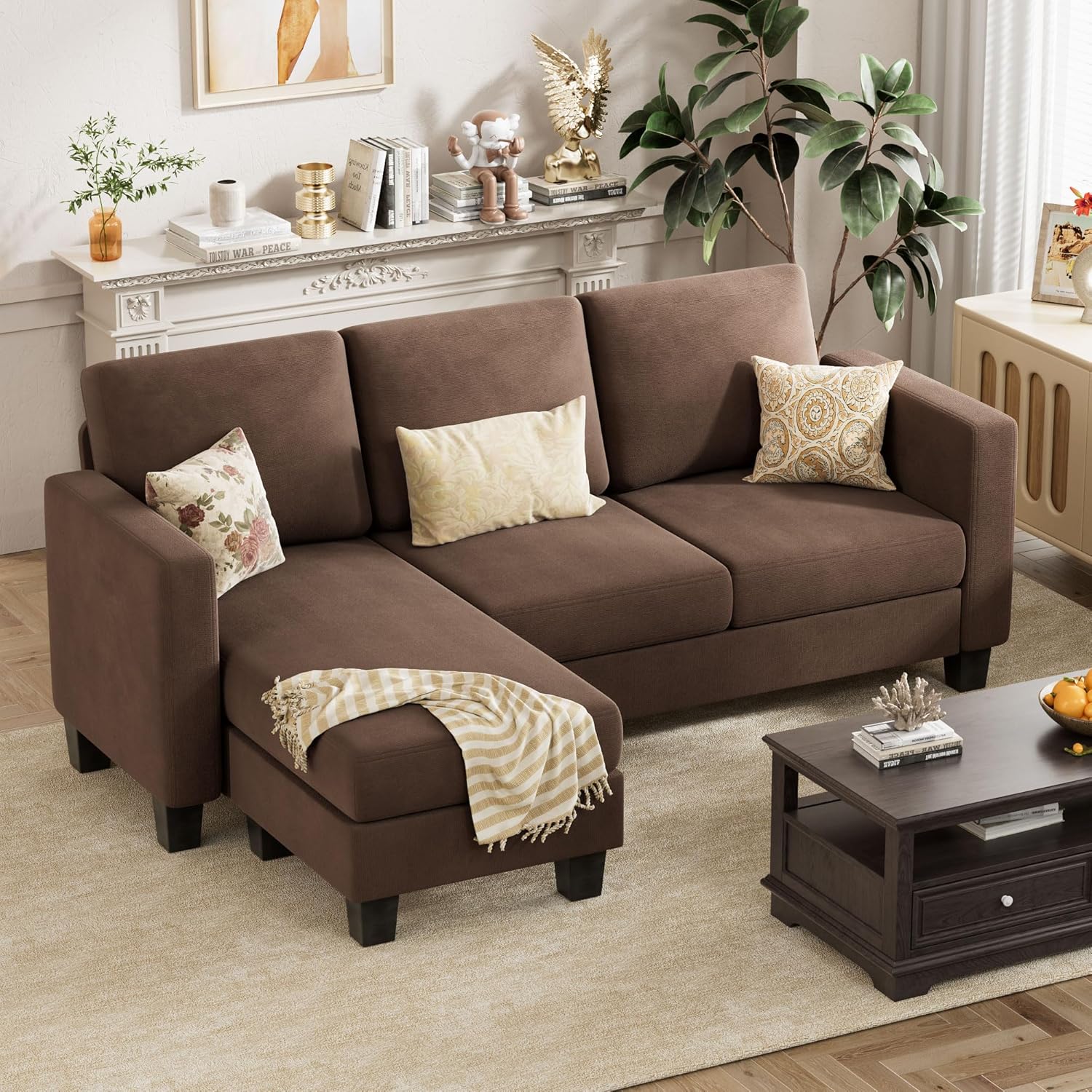 VICTONE Convertible Sectional Sofa Couch, 3 Seat L-Shaped Sofa with Linen Fabric Ottoman Small Couch for Small Apartments, Living Room and Office (Linen Fabric, Brown)