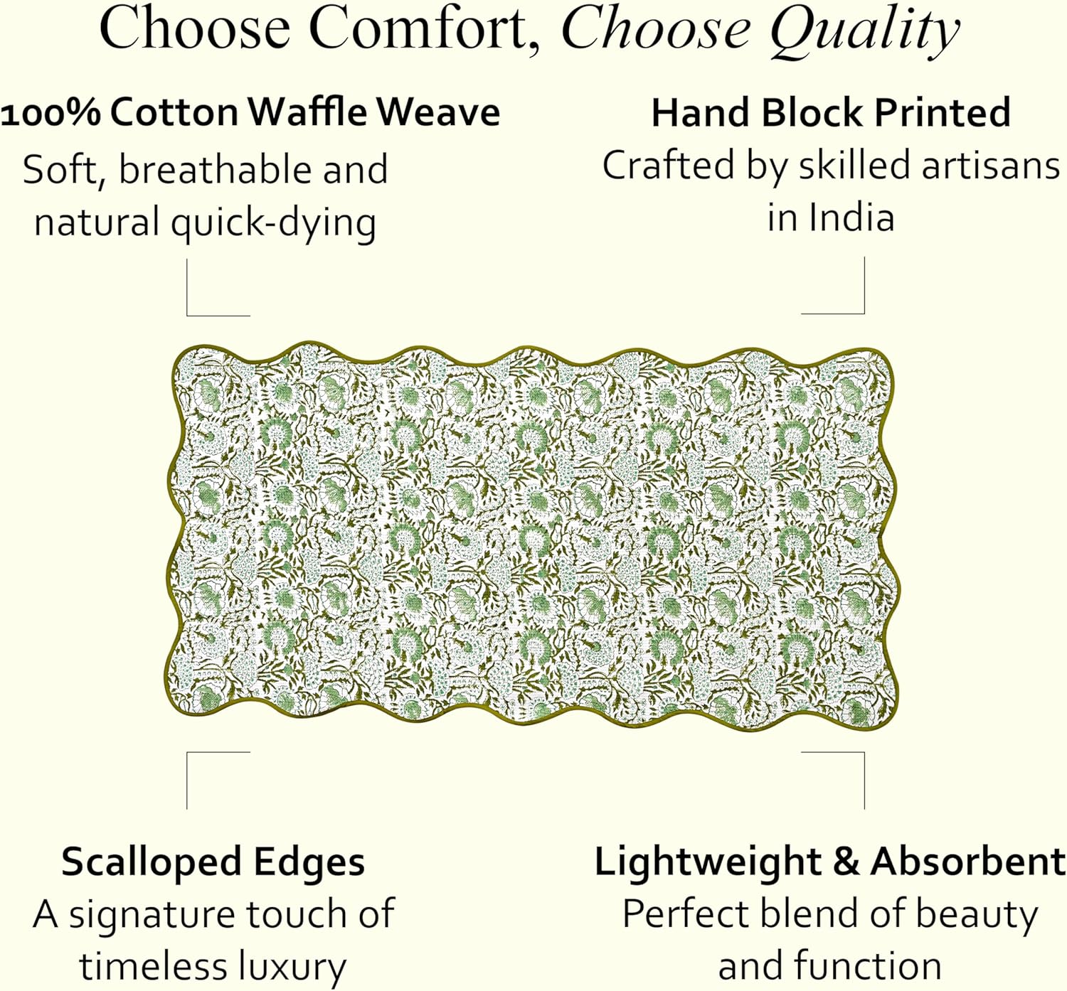 CPC COTTON PRINT CLUB Agate Green Block Printed Cotton Waffle Bath Towel 27x54,Set of 2 Boho, Soft, Quick Dry, Lightweight, Absorbent Towel for Bathroom, Spa, Gift, Spring, Easter, Valentine