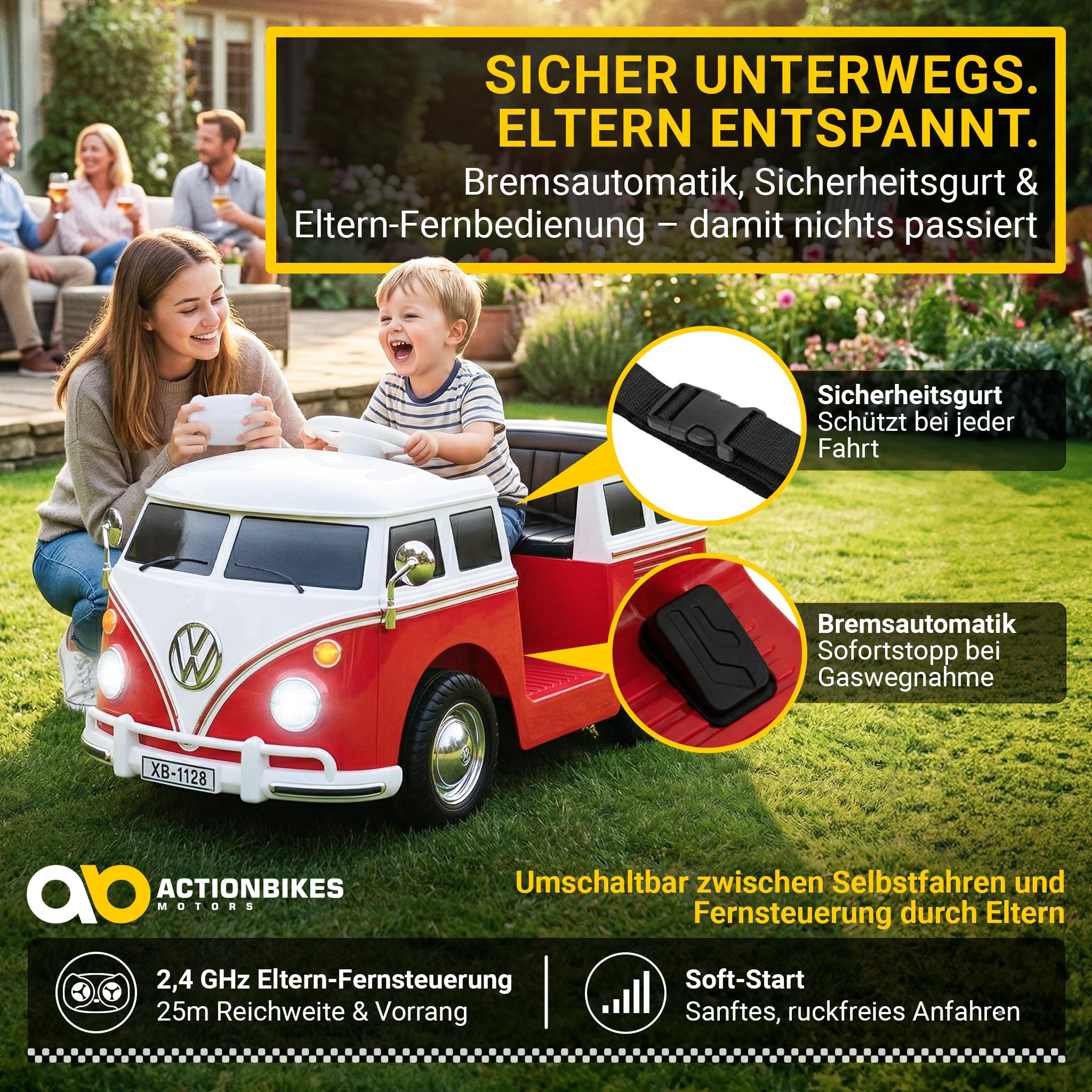 Actionbikes Motors Kinder Elektroauto VW T1 Camper Bus | 2,4 Ghz Fernbedienung - Lizenziert - Spielzeugauto - Kinderauto elektrisch - Elektrofahrzeuge - Elektro Auto für Kinder ab 3 Jahre (Rot)