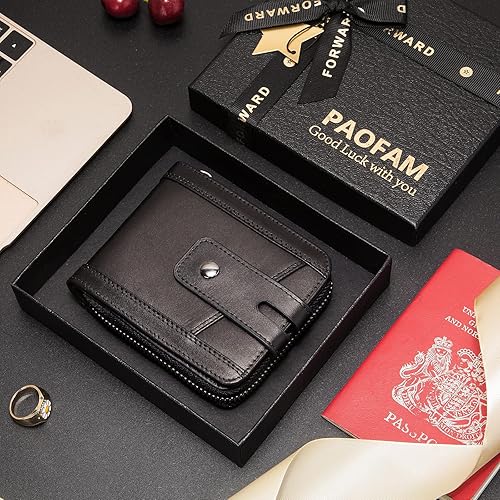 Miniatura 6 de Cartera con cremallera para hombre, de piel auténtica, cremallera alrededor del bolso, bloqueo RFID, ventana de identificación plegable, cartera con