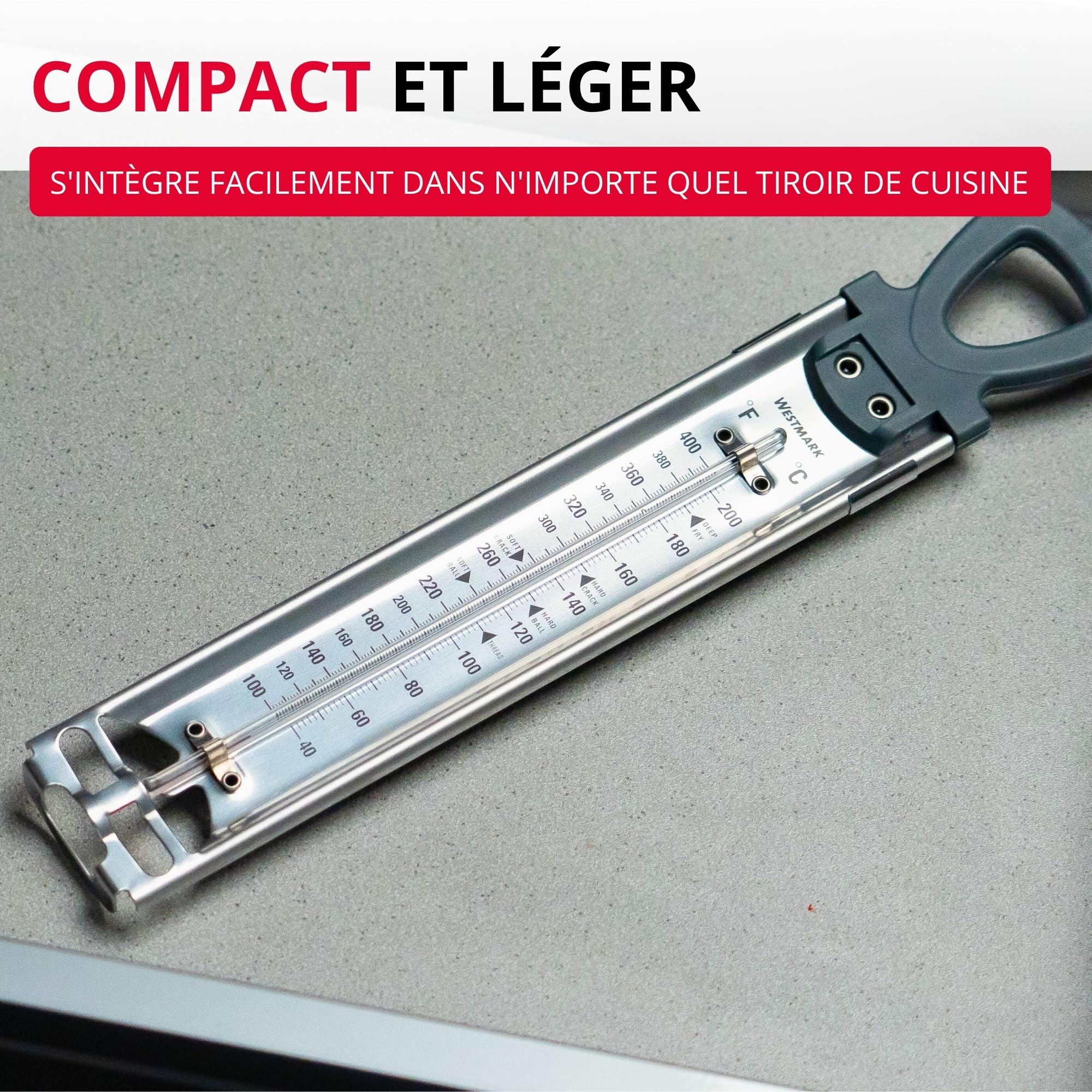 Westmark Thermomètre à Sucre Inox, 1 Pièce, Aide Confitures Fruits, Cadre Acier Inoxydable Pince Ajustable, Tube Verre Robuste