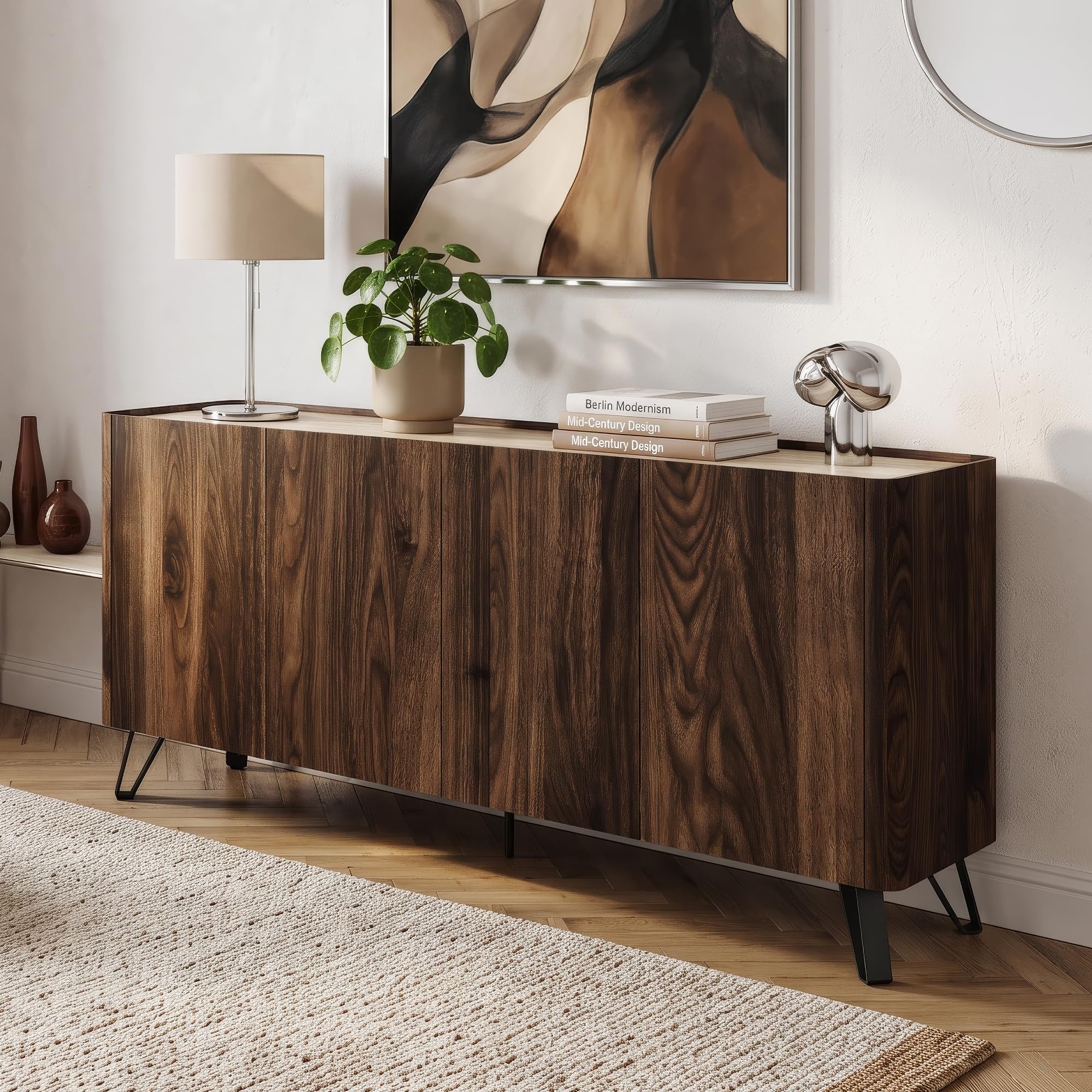 [en.casa] Sideboard Trorlon mit 4 Türen 160x40x83 cm Walnuss/Travertin