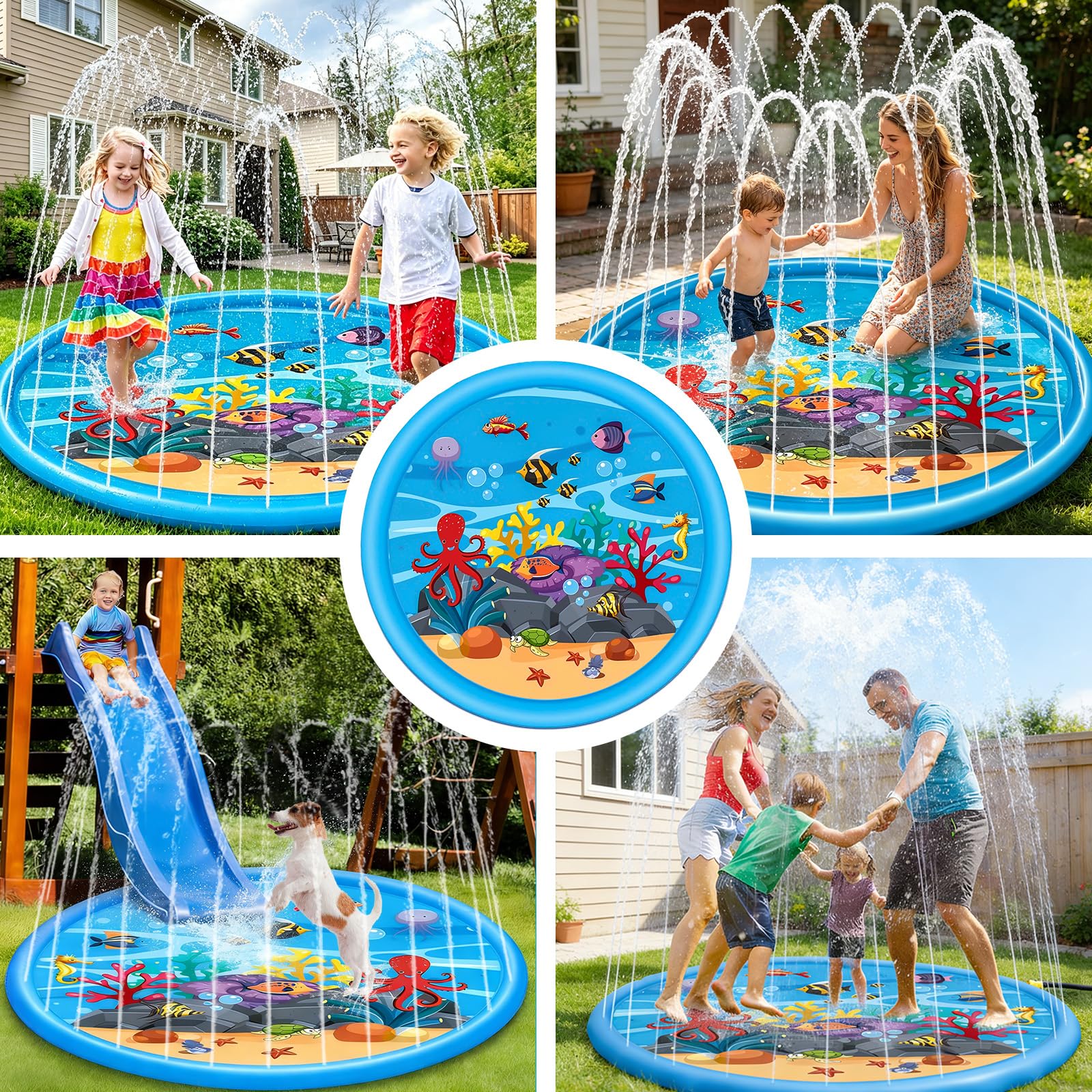 170CM Tapis d'eau, Tapis de Jeu d'eau, Jouet Aquatique d'Été, Jeu d'eau Extérieur pour Enfants et Animaux de Compagnie, Adapté pour Les Activités Extérieures, Les Fêtes à La Plage et Les Jardins