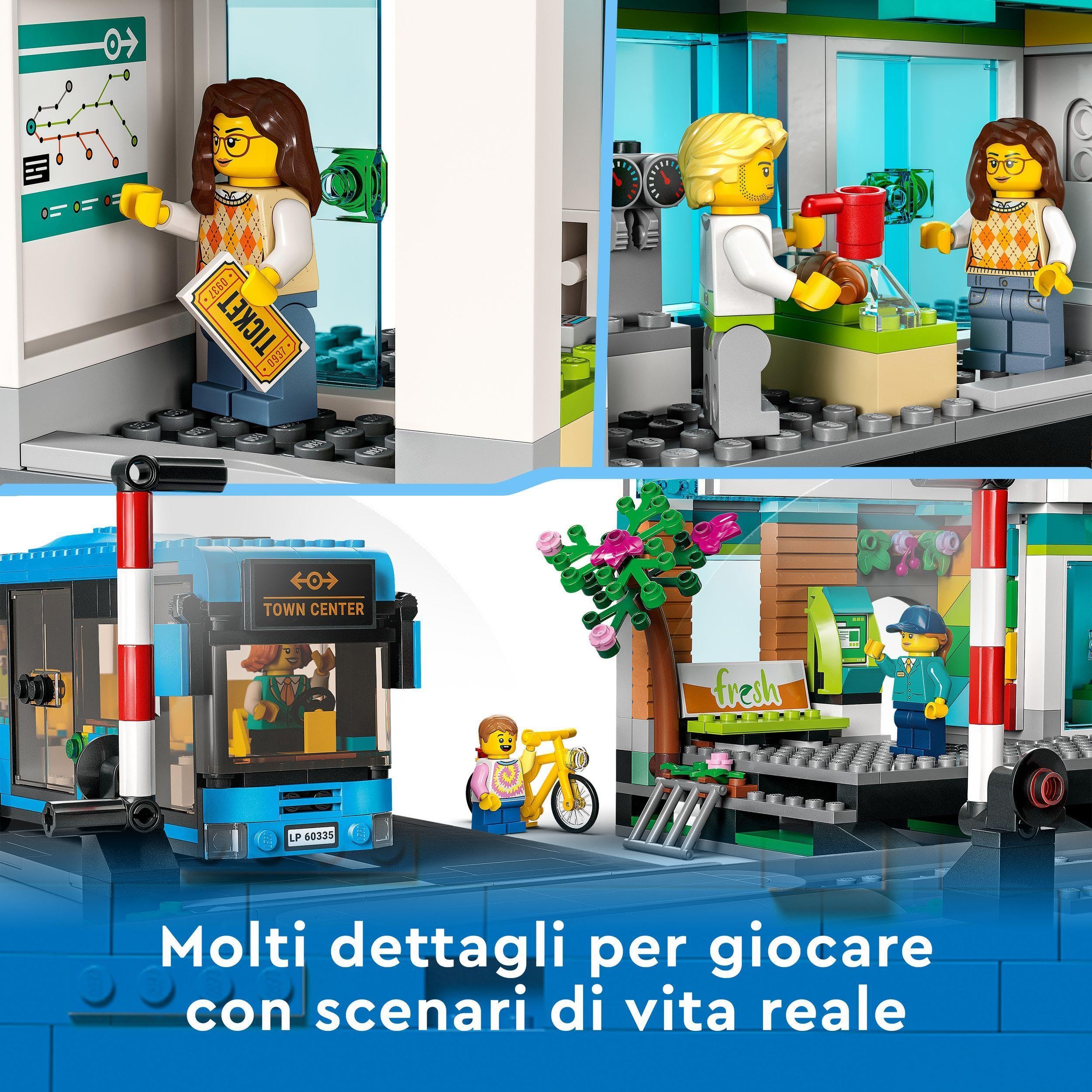 LEGO City Stazione Ferroviaria, Con Biglietteria, Banchina, Bus Giocattolo, Camion Ferroviario, Binari e Passaggio a Livello, Base Stradale, Compatibile con Altri Set City, Giochi per Bambini 60335