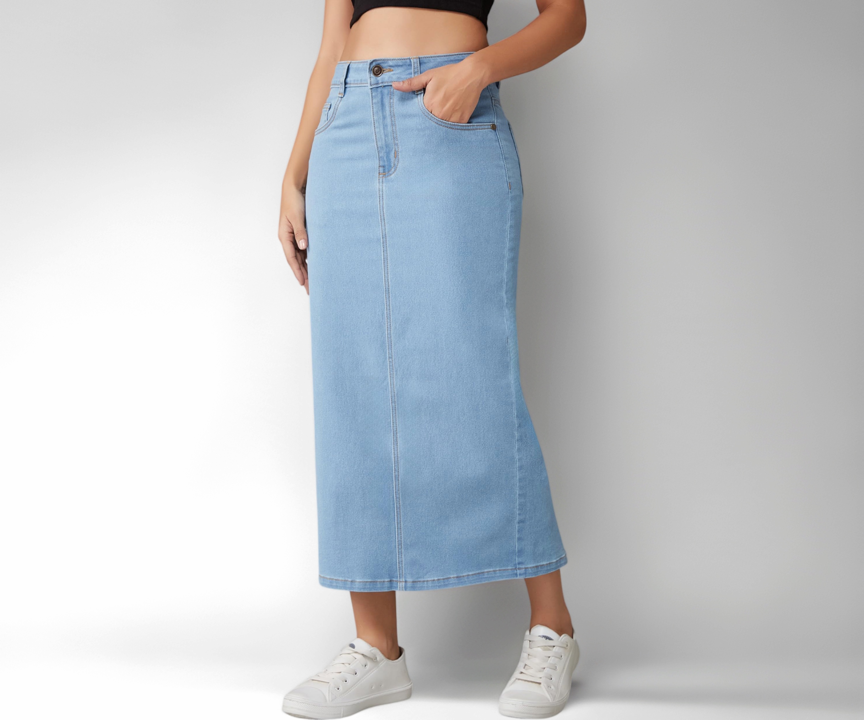 Women's Flared High-Rise Stretchable Denim Maxi Skirt