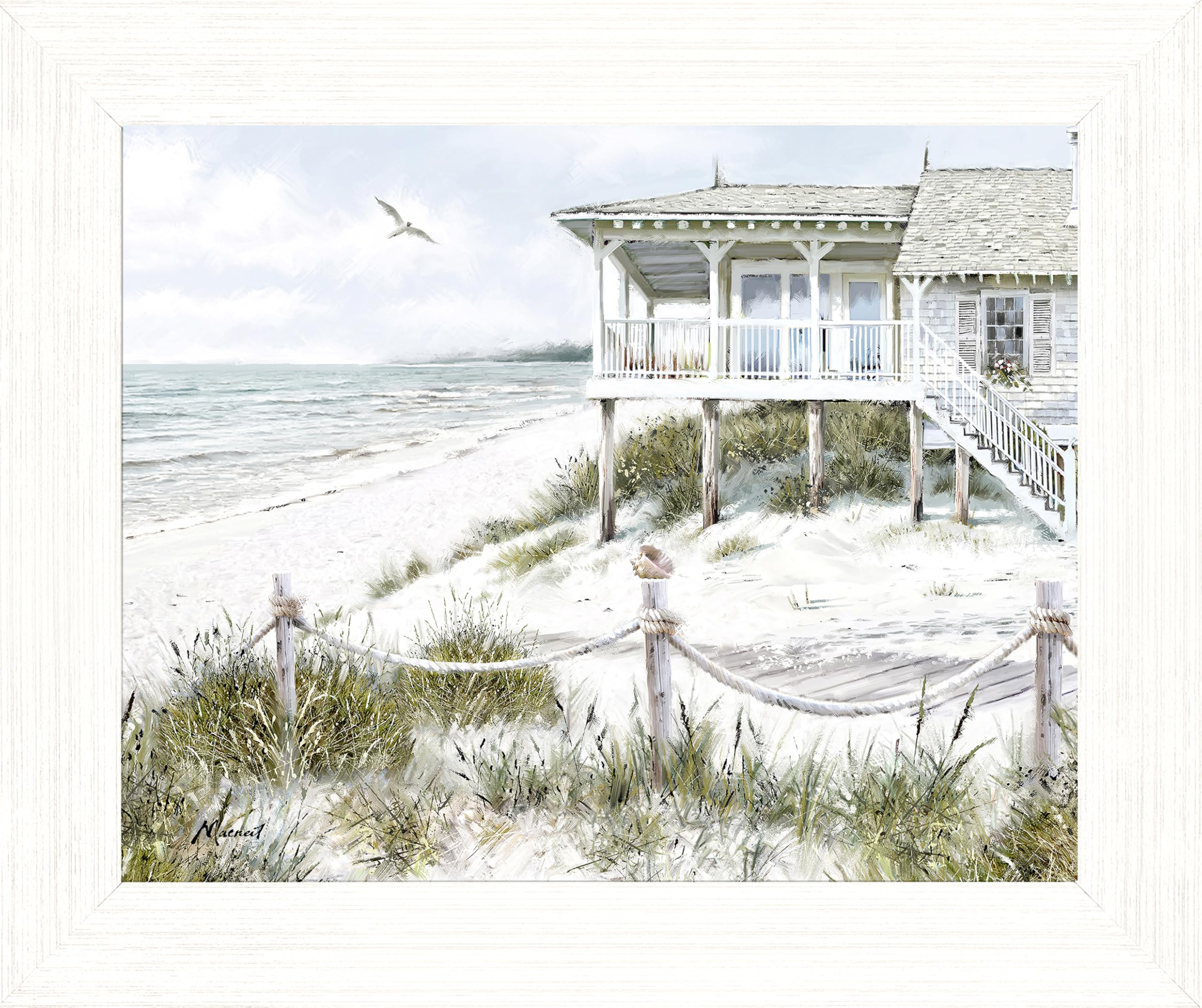 Artko Artistic Coastal Framed Print – Beachfront Home & Seascape Picture - ‘The Beach House’ by Richard Macneil – Ready to Hang Wall Art - Seaside Themed Home Décor – 37cm x 31cm