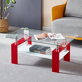 Glass Coffee Table, Red Rectangle Glass Coffee Table for Living Room, Mo...