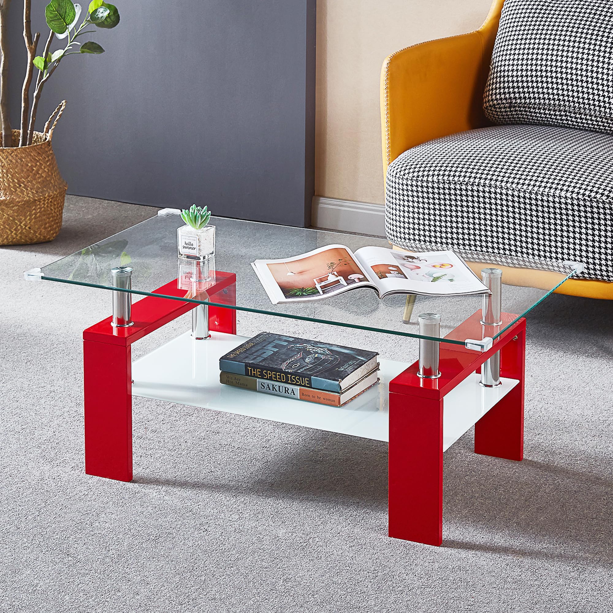 Glass Coffee Table Red Rectangle Glass Coffee Table for Living Room Modern Office Tea Table with 2-Tier Tempered