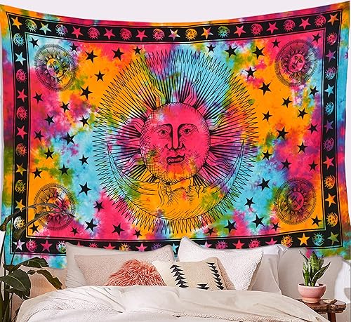 Miniatura 2 de ANJANIYA Tapiz de mandala de teñido anudado, celestial, sol, luna, estrella, planeta, bohemio, tarot, tapiz bohemio para colgar en la pared para