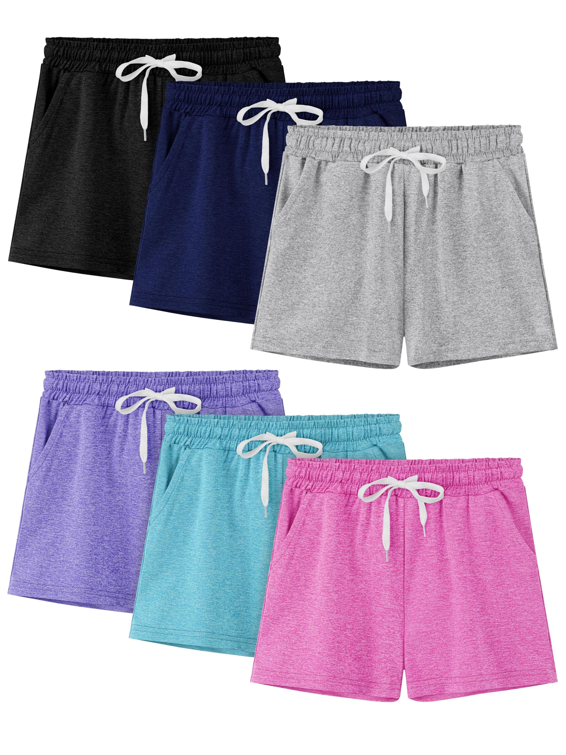 Poroka 6 Pack Girls Dry-fit Running Shorts Active Performance Short Summer Sports Shorts with Drawstring Pocket for Kids