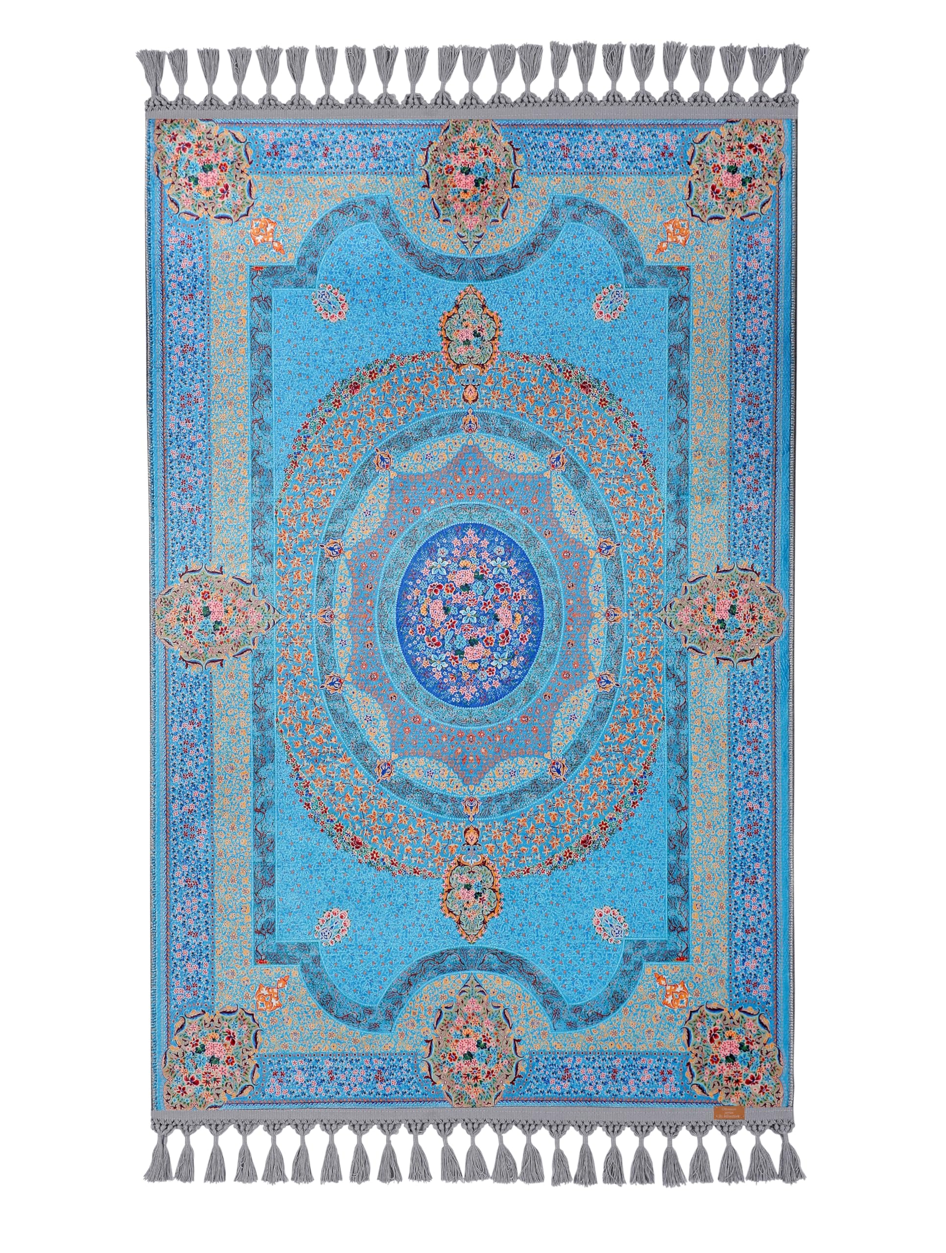 Alfombra tradicional turca de oración con diseño floral azul y borlas grises elegantes