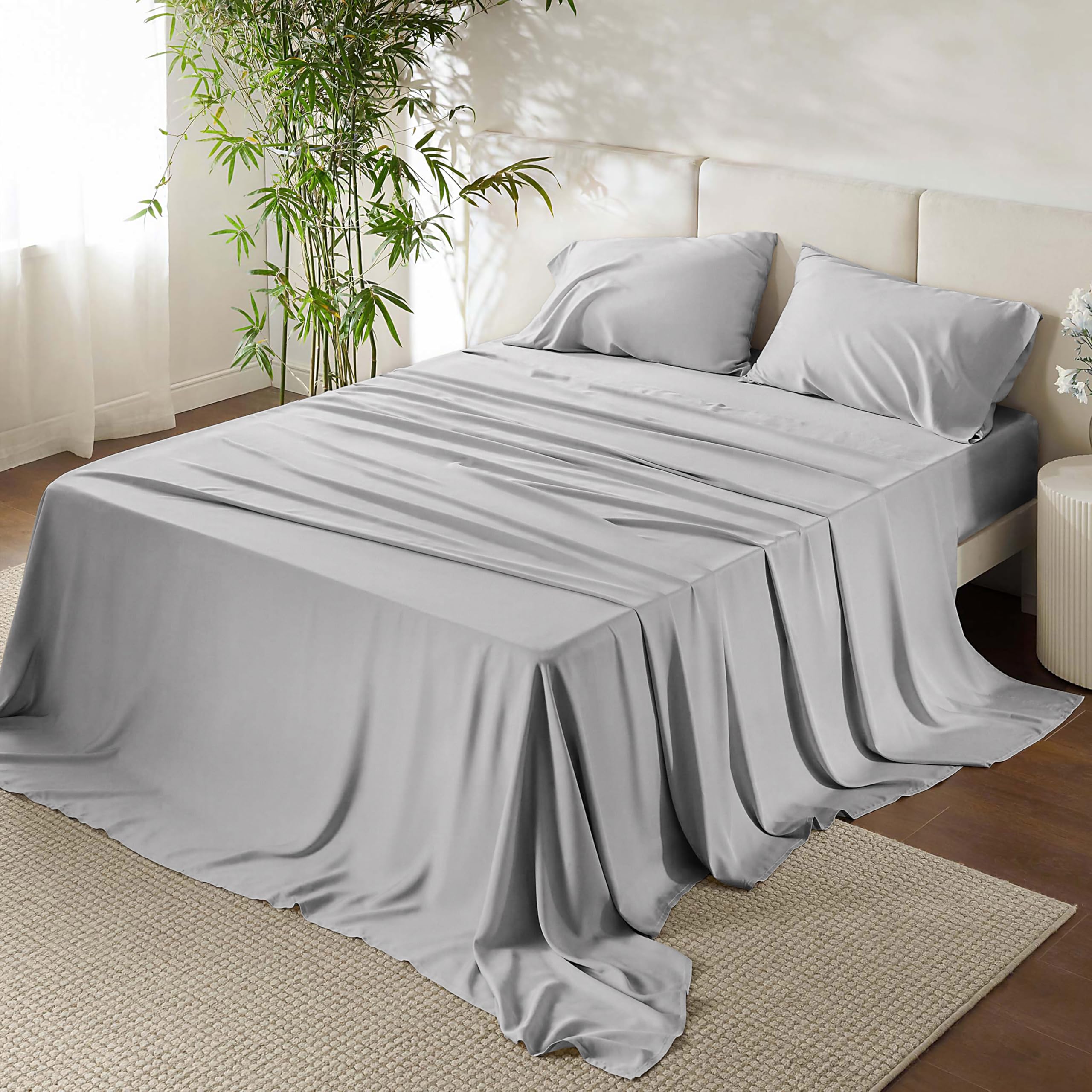 URBANHUT Sábanas 100% de algodón egipcio, juego de sábanas de 1000 hilos tamaño individual gris plateado (3 piezas), sábanas de algodón de fibra larga, tejido de satén para todas las estaciones,