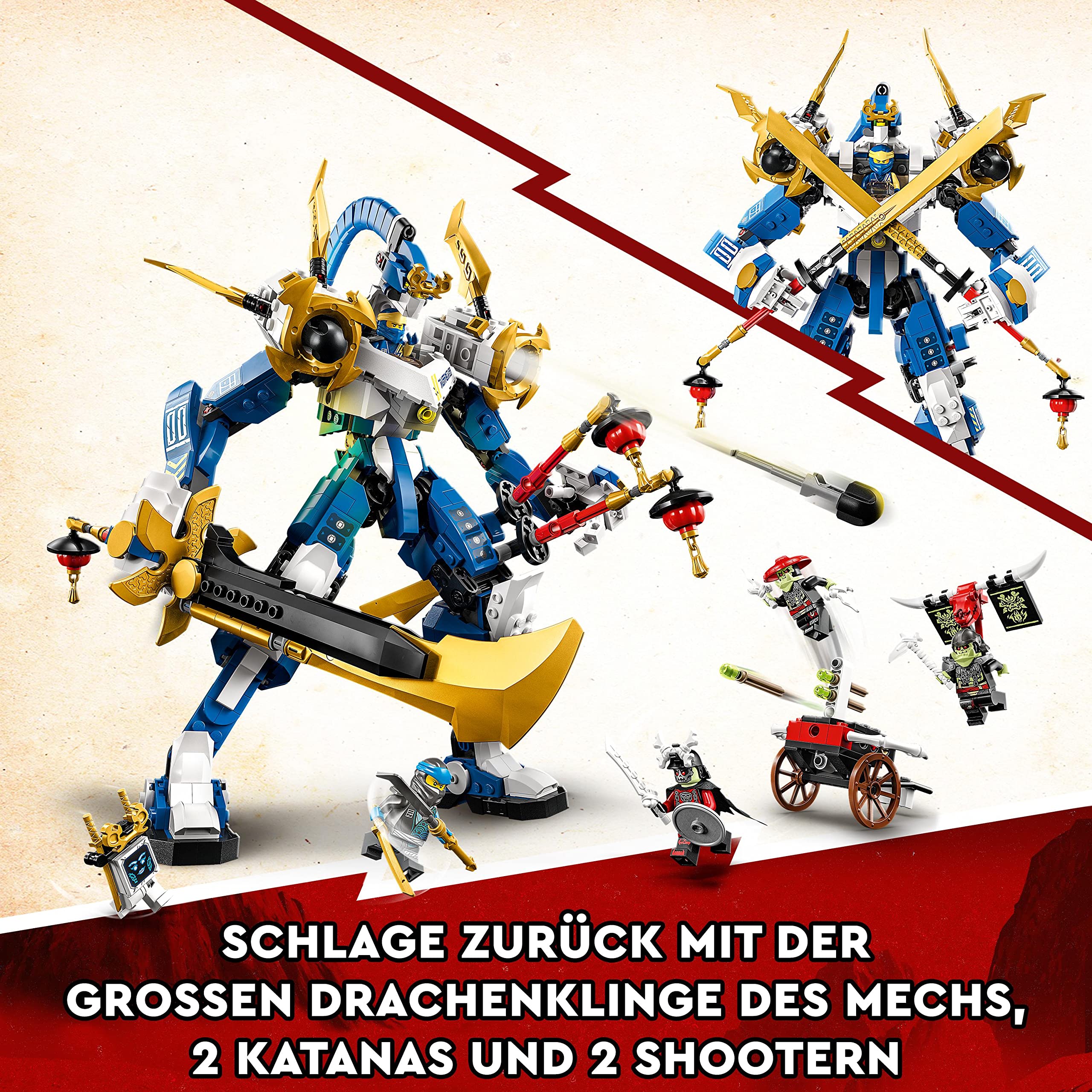 LEGO NINJAGO Jays Titan-Mech, Ninja-Spielset mit Jay, Nya und grüner Skelett-Krieger Minifiguren, Geschenk zum Geburtstag für Kinder ab 9 Jahren 71785
