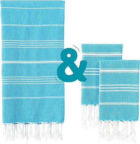 WETCAT Paquete: Toalla de baño turca (38 x 71) y toallas de mano turcas (20 x 30, juego de 2) - 100% algodón, prelavadas para una sensación suave -