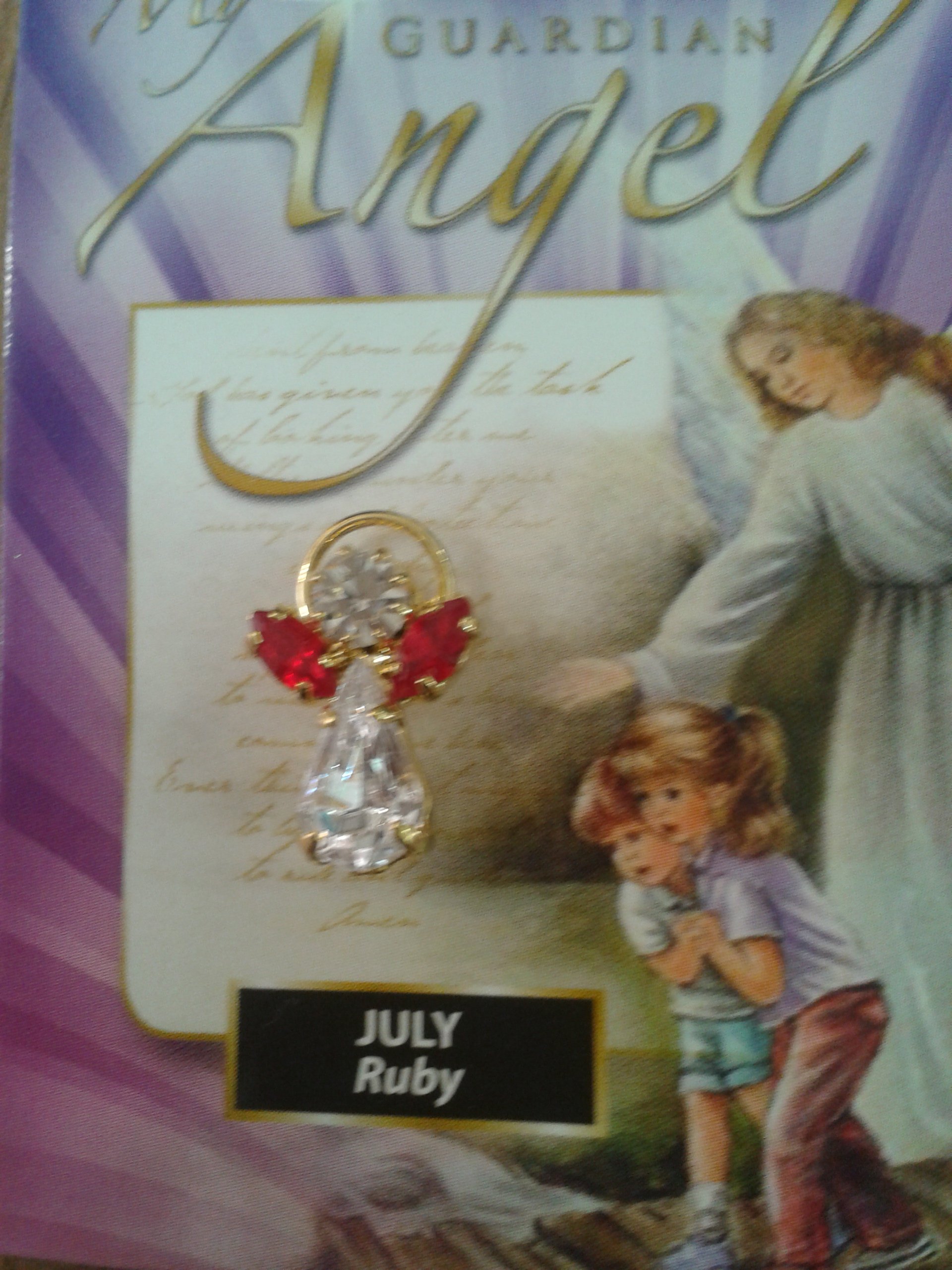 Loving Jesus GUARDIAN ANGEL PIN BIRTHSTONE 1 1/2 JULY RUBY
