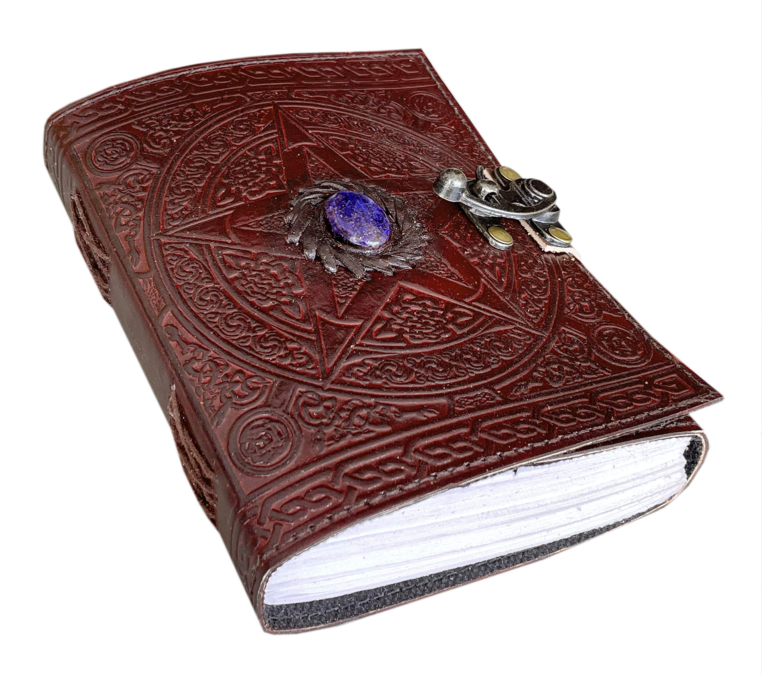 Handmade Wicca Leather Journal Brown Pentagram Embossed Blank Spell Book of Shadows Pentacle Witchcraft Leather Journal with Clasp Lock grimoire Pagan Celtic Unlined Notebook 7x5 inch