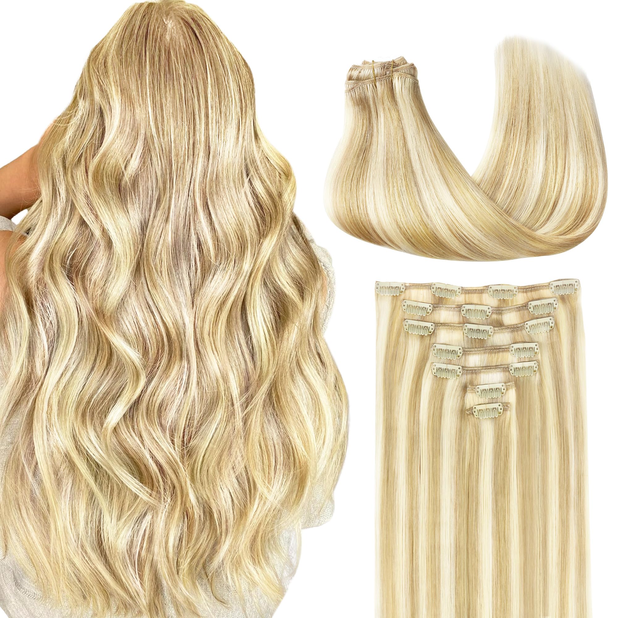 GOO GOO Clip in Hair Extensions Real Human Hair, Remy Human Hair Extensions Clip ins for Women, Natural Human Hair, 16inch 120g 7Pcs, 18D/22F Dirty