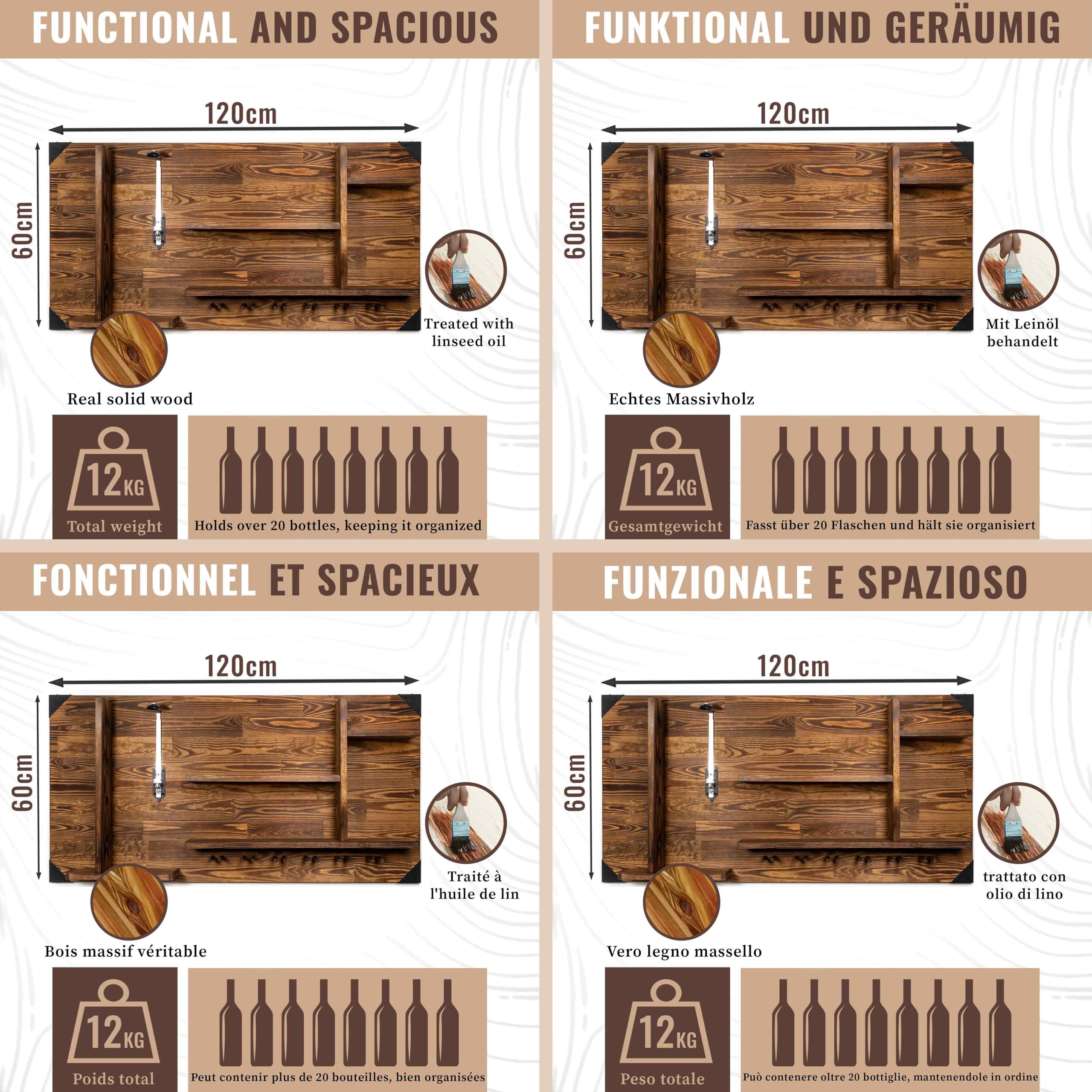 CREATIVE COOPER Holzregal mit Getränkespender | Wandmontierte Alkoholspender-Station | 120x60x14 cm | Vintage & Rustikal | Whisky, Gin, Schnaps | Barkeeper Geschenk | Wandbar für Wohnbereich