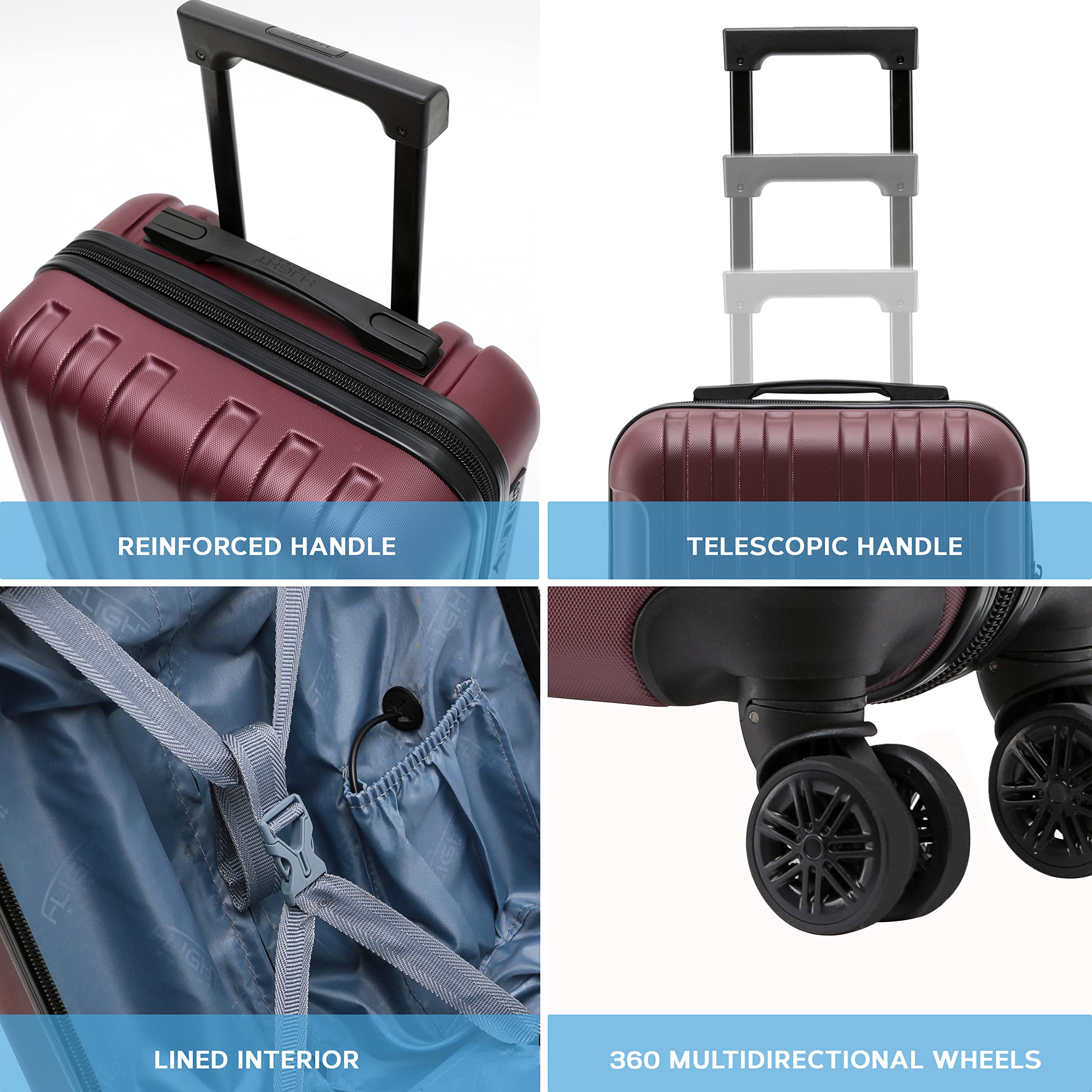 Flight Knight Premium Hard Shell Lightweight Cabin Suitcase - 8 Spinner Wheels - Built-in TSA Lock & USB Port - Luggage Approved for Over 100 Airlines Including easyJet Underseat - 45x36x20cm