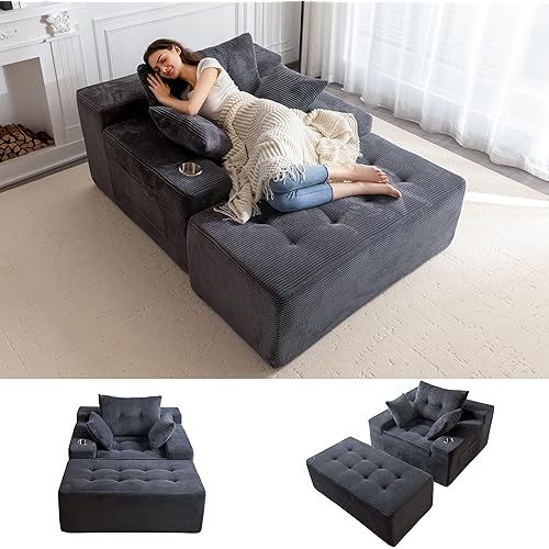 MAXYOYO Modular Sectional Chaise Lounge Sofa, Upholstered Lounge Chair with Pillows Indoor, Tufted Boneless Sofa Couch with Ottoman, Deep Seat Sleeper Chair for Living Room, No Assembly, Grey