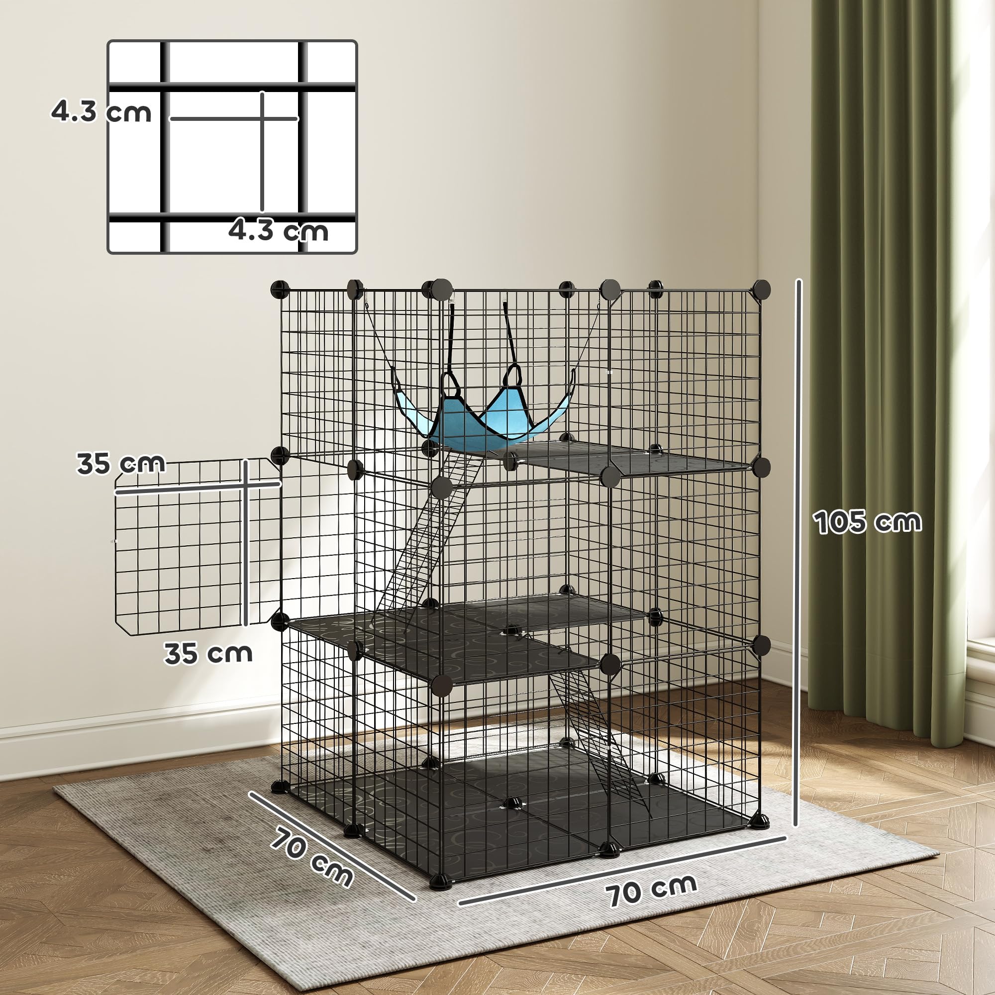 PawHut Jaula para Gatos de 3 Niveles con Hamaca, Plataforma y escaleras, Jaula para Mascotas de Acero y PP, 70 x 70 x 105 cm, Negro y Azul