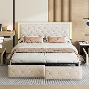 Bed 140 x 200 cm with Slatted Frame Double Bed with 4 Drawers and LED Double Beds with Slatted Frame Drawer 140 x 200 cm PU (Off-White 140 x 200 cm)