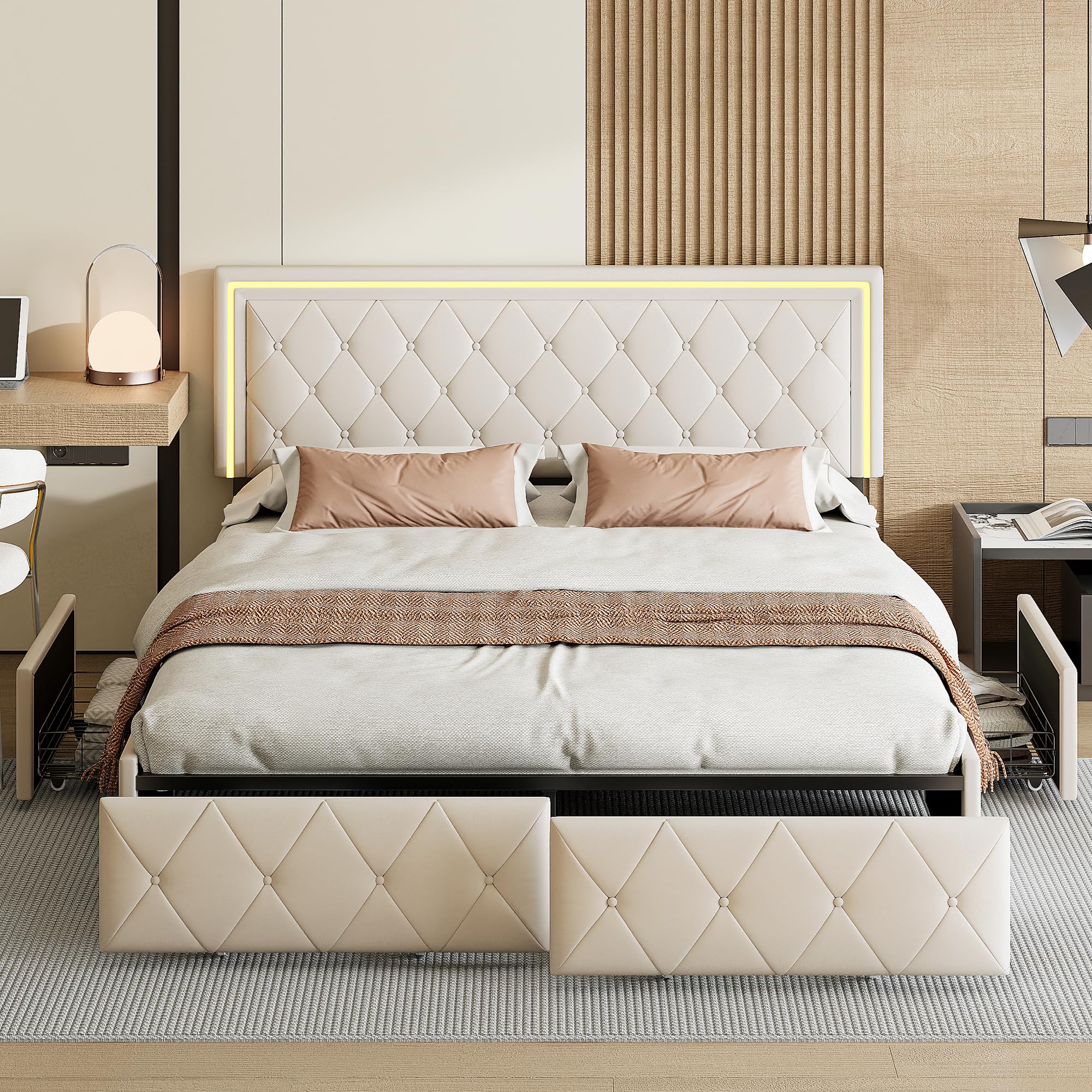 Cama Acolchada de Matrimonio con 4 cajones y LED, Estructura de Cama de Matrimonio, Plataforma de Poliuretano con somier de láminas de Madera, sin colchón (Beige, 140x200cm)