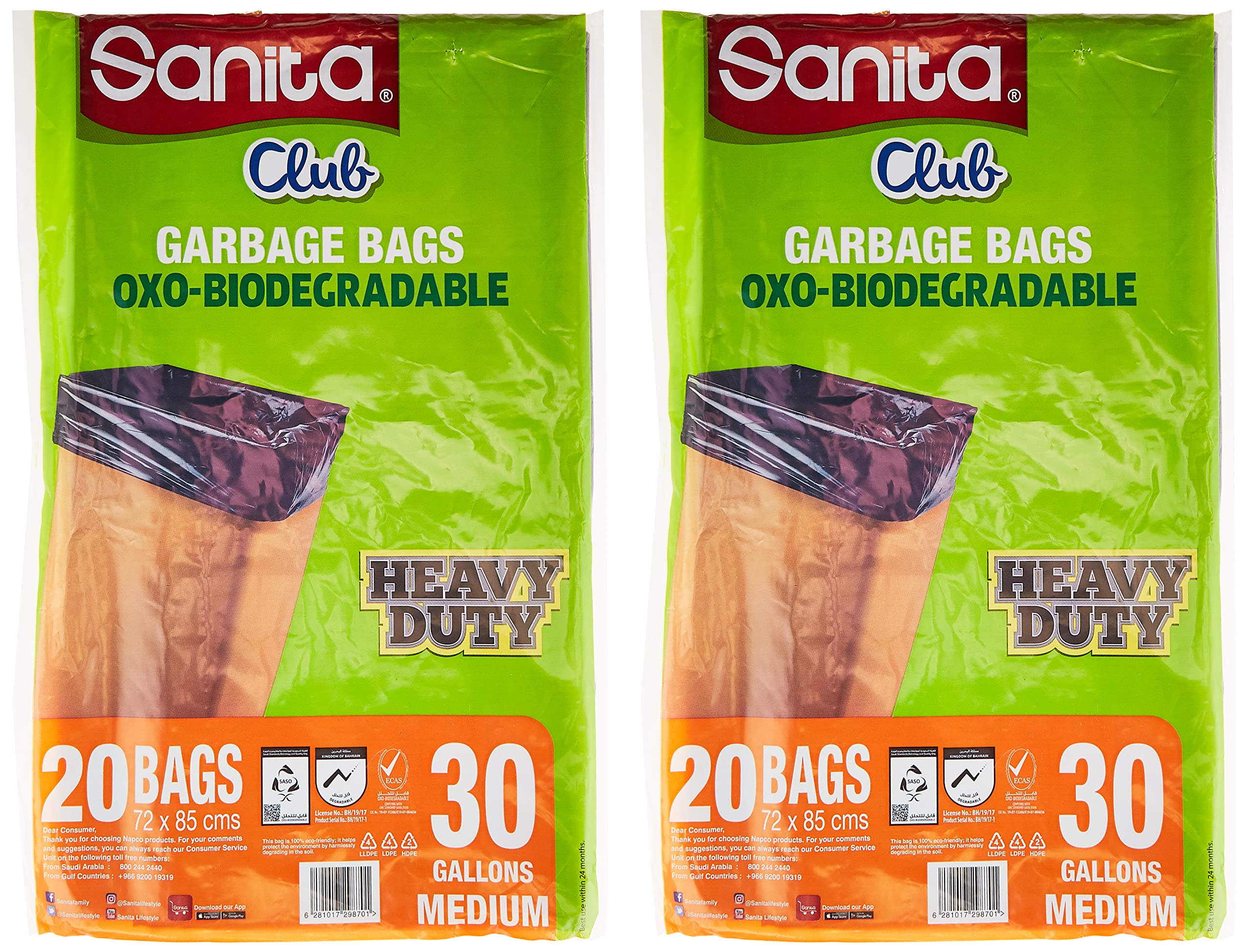 Sanita Club Biodegradable Medium Flat Garbage Bags,Black, Twin Pack 40-Pieces, 30 Gallons Capacity,NP8001P1