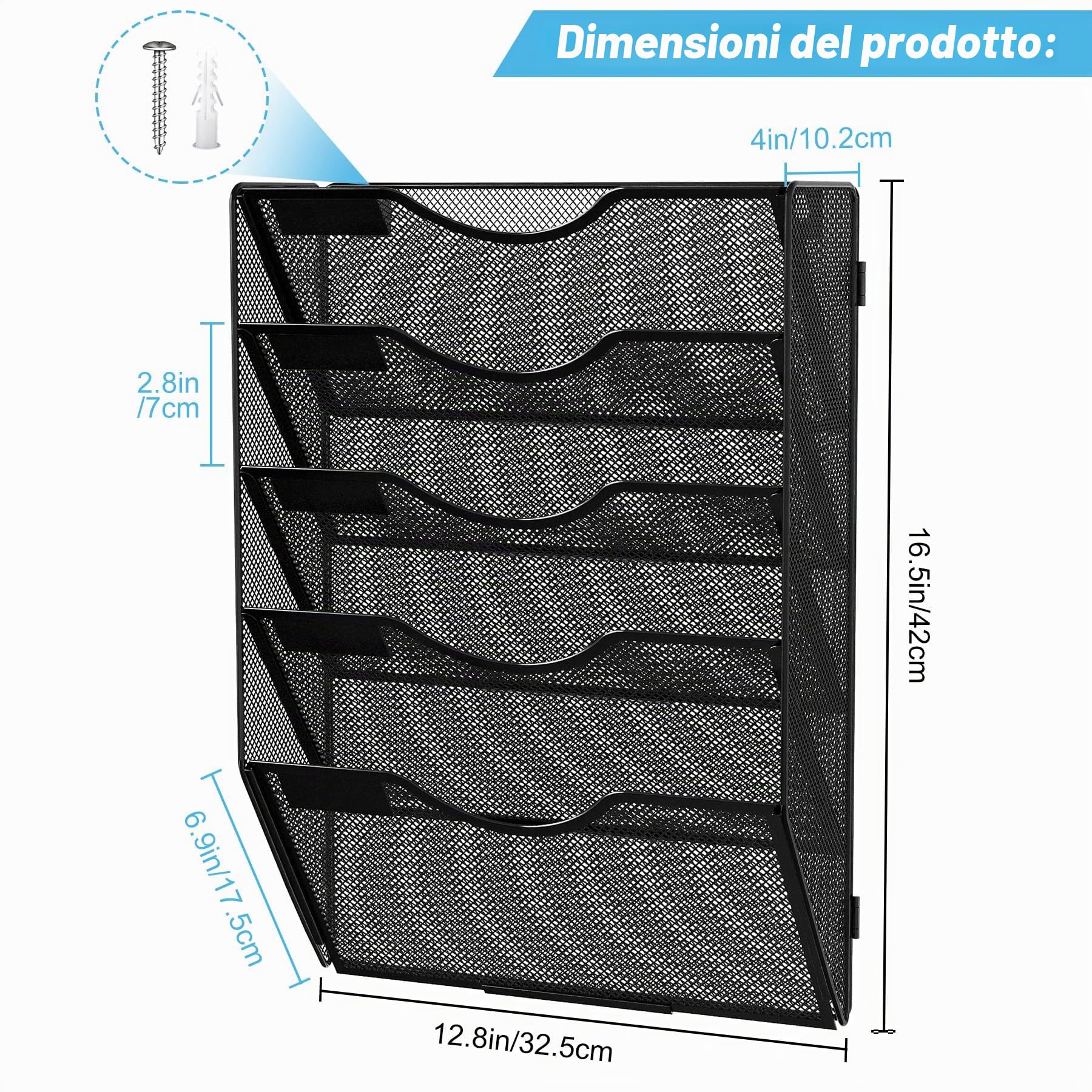 Organizer Documenti da Parete 5 Livelli con Portariviste A4 - Metallo Schedario Ufficio Multifunzione, Portabrochure per Casa e Scuola - Nero