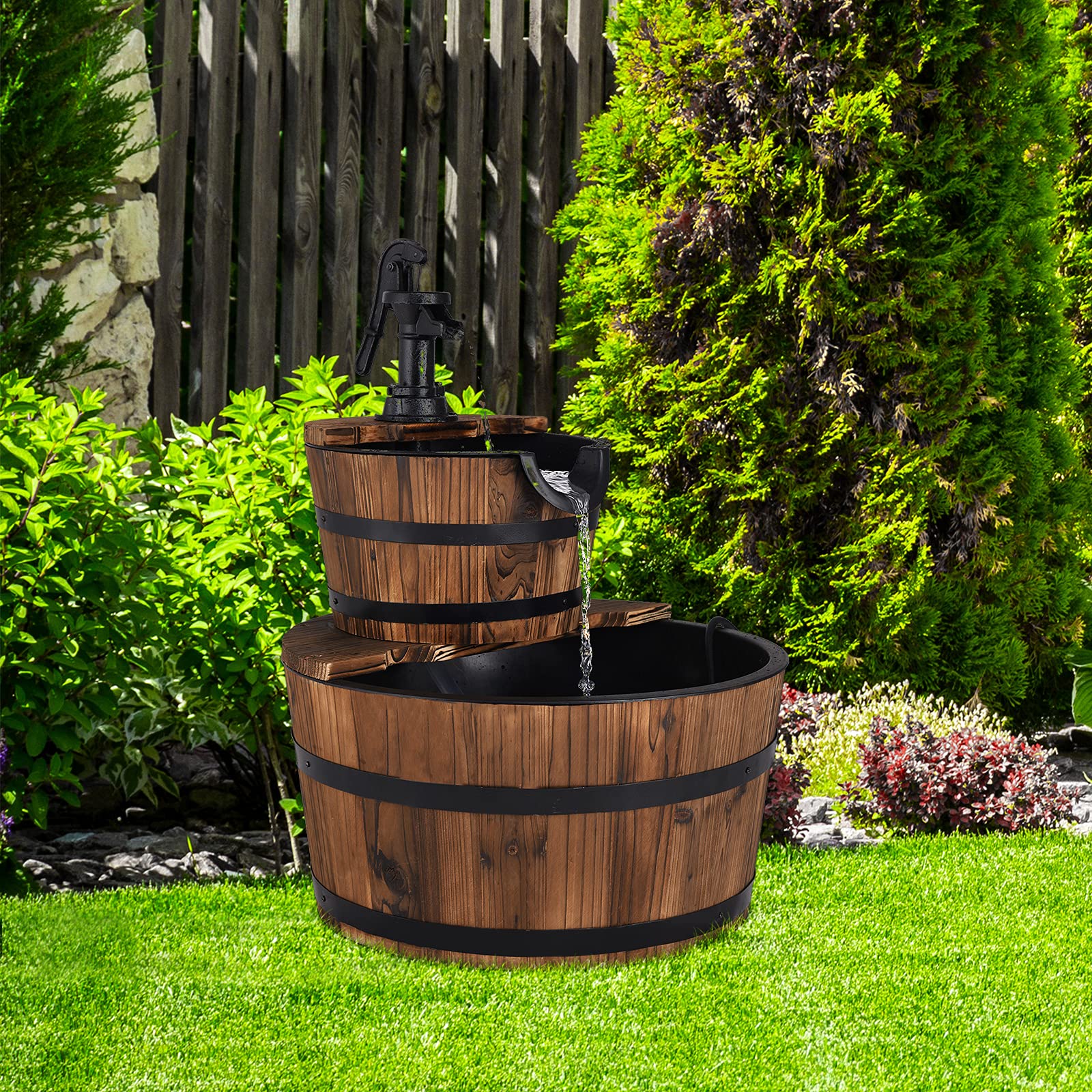 SOARS Fontana da giardino a 2 livelli, con pompa dell'acqua e flusso d'acqua regolabile, fontana d'acqua di design in legno, fontana da esterno, decorazione da giardino per balcone, terrazza (marrone)