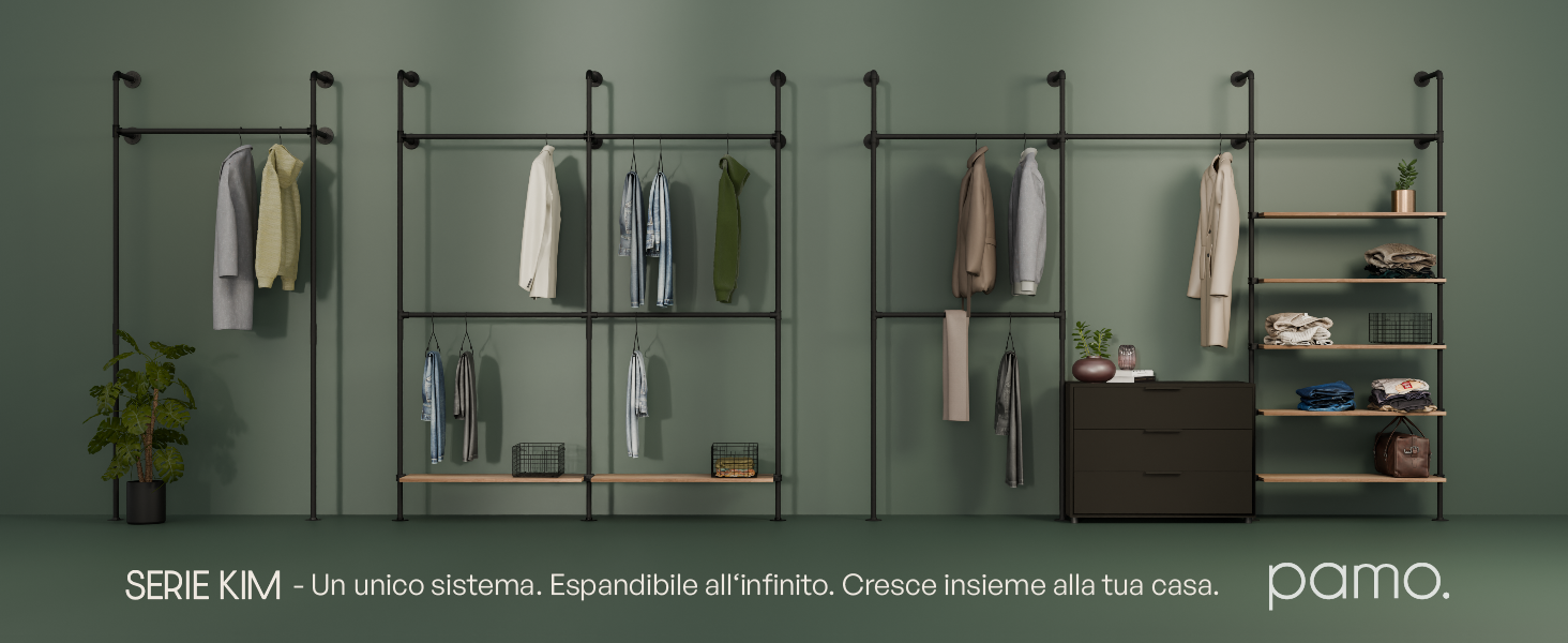 pamo appendiabiti da muro 240 kg capacità di carico – Armadio aperto o barra appendiabiti industriale nero con tubi in metallo – Ripiani in metallo robusto