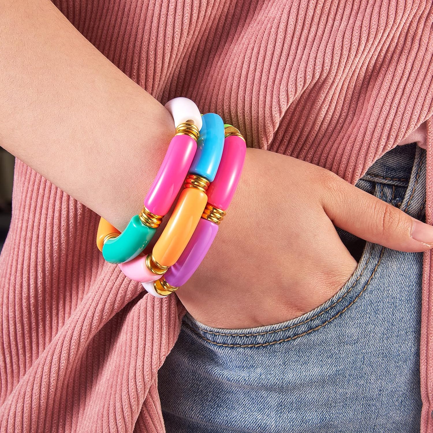 Ornaland 5 Pcs Bamboo Tube Bangles Bracelets Chunky Curved Stacking Clear Acrylic Beads Stretch Bracelets Set Candy Color Friendship Couple Bracelets Gift for Women Men,2 inch(5cm) - Image 5