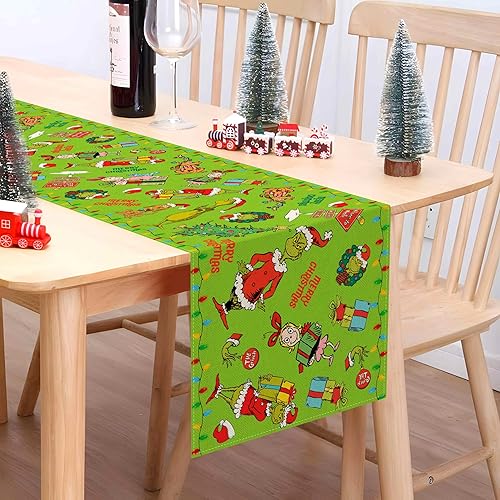 Miniatura 2 de Camino de mesa Merry Grinchmas Whoville, Navidad, invierno, vacaciones, fiesta, cocina, chimenea, comedor, decoración del hogar (verde, 13 x 72