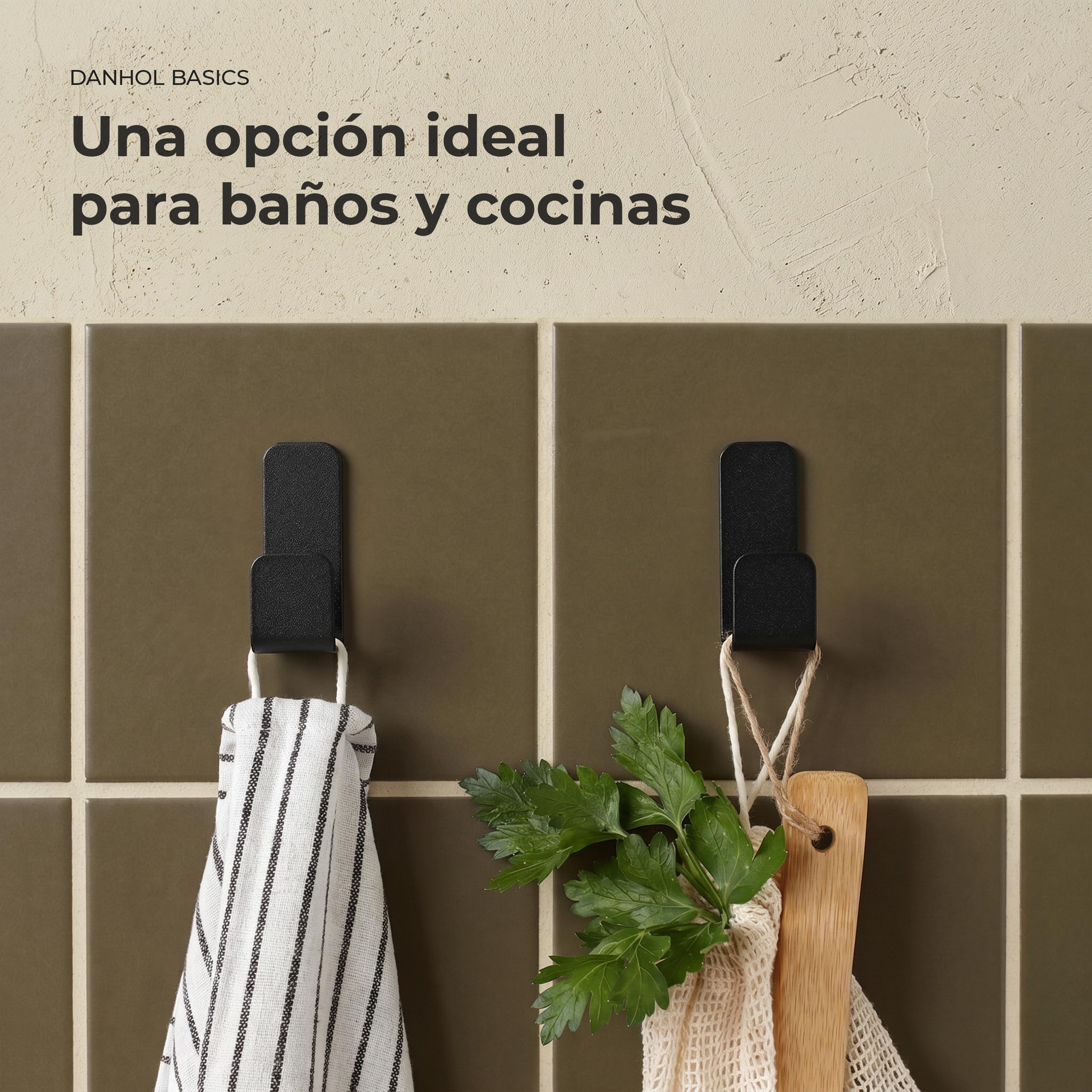 Pack 4 Ganchos Adhesivos para Pared | Colgadores Adhesivos Resistentes | Colgador Toalla Baño sin Taladro | Percha Baño, Dormitorio y Cocina | Negro Mate