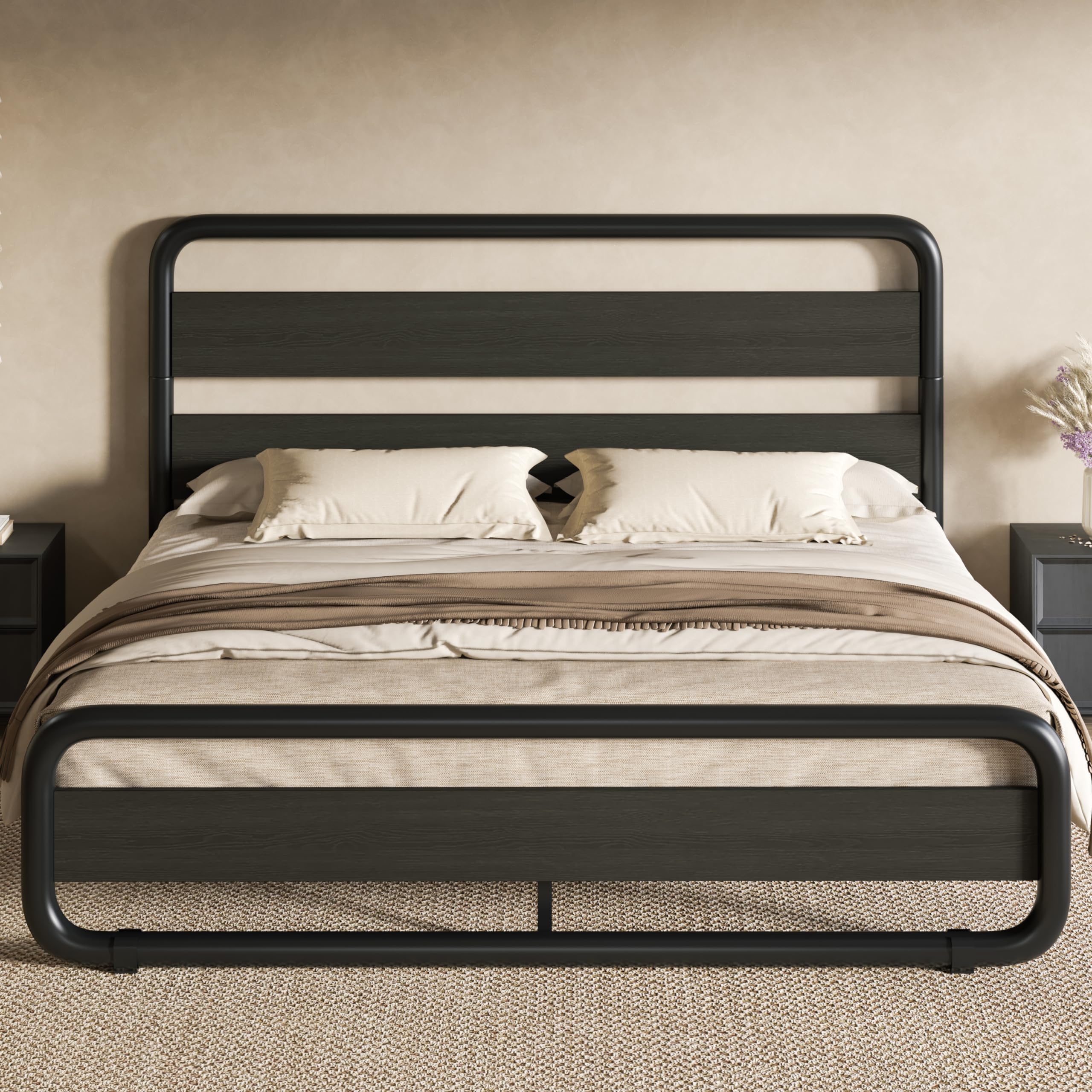 SHA CERLIN Full Size Metal Bed Frame with Wooden Headboard and Footboard, Heavy Duty Oval-Shaped Platform Bed Frame with 10" Under-Bed Storage, Noise Free, No Box Spring Needed, Black