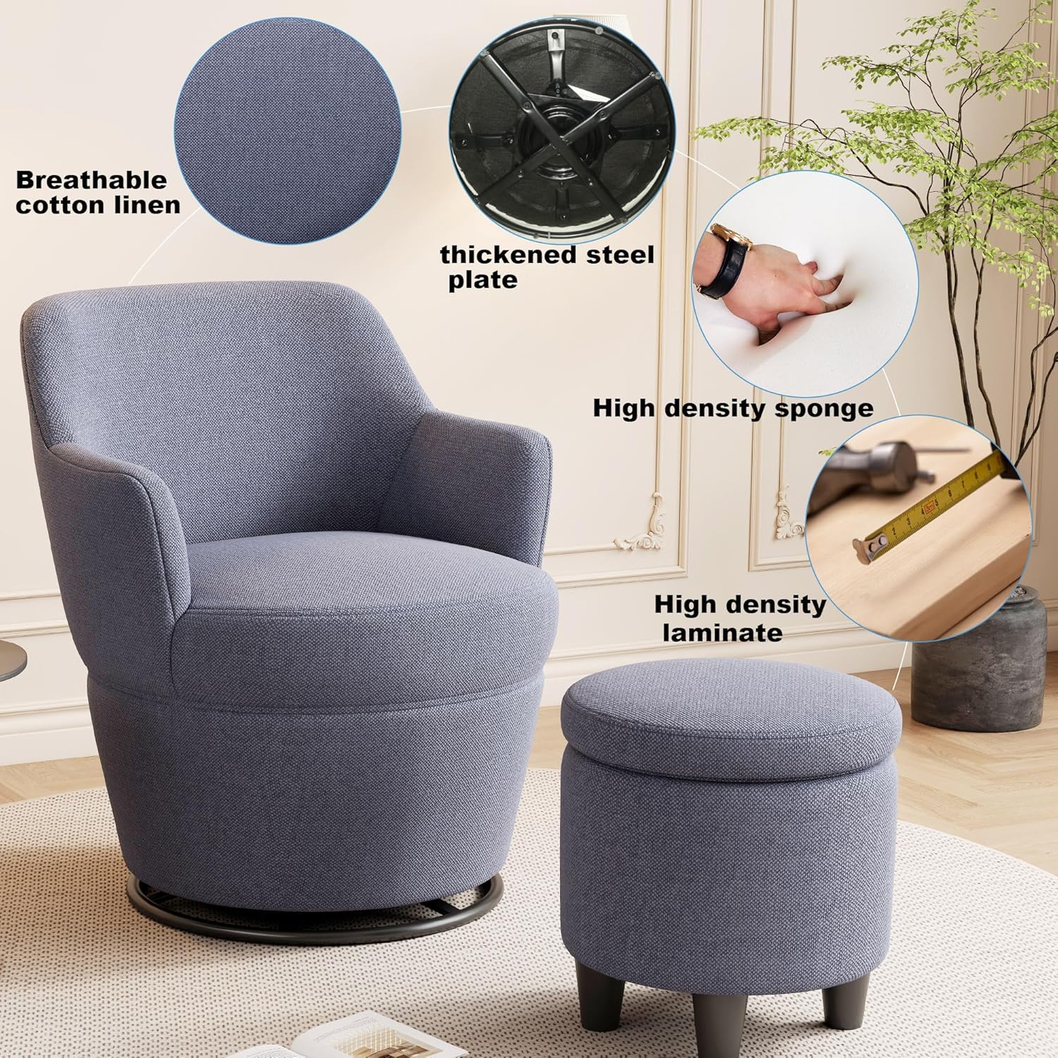 27" Swivel Accent Chair, Lounge Sofa with Ottoman, Nail Trimmed Barrel Chair for Living Room, Nursery & Vanity, Blue