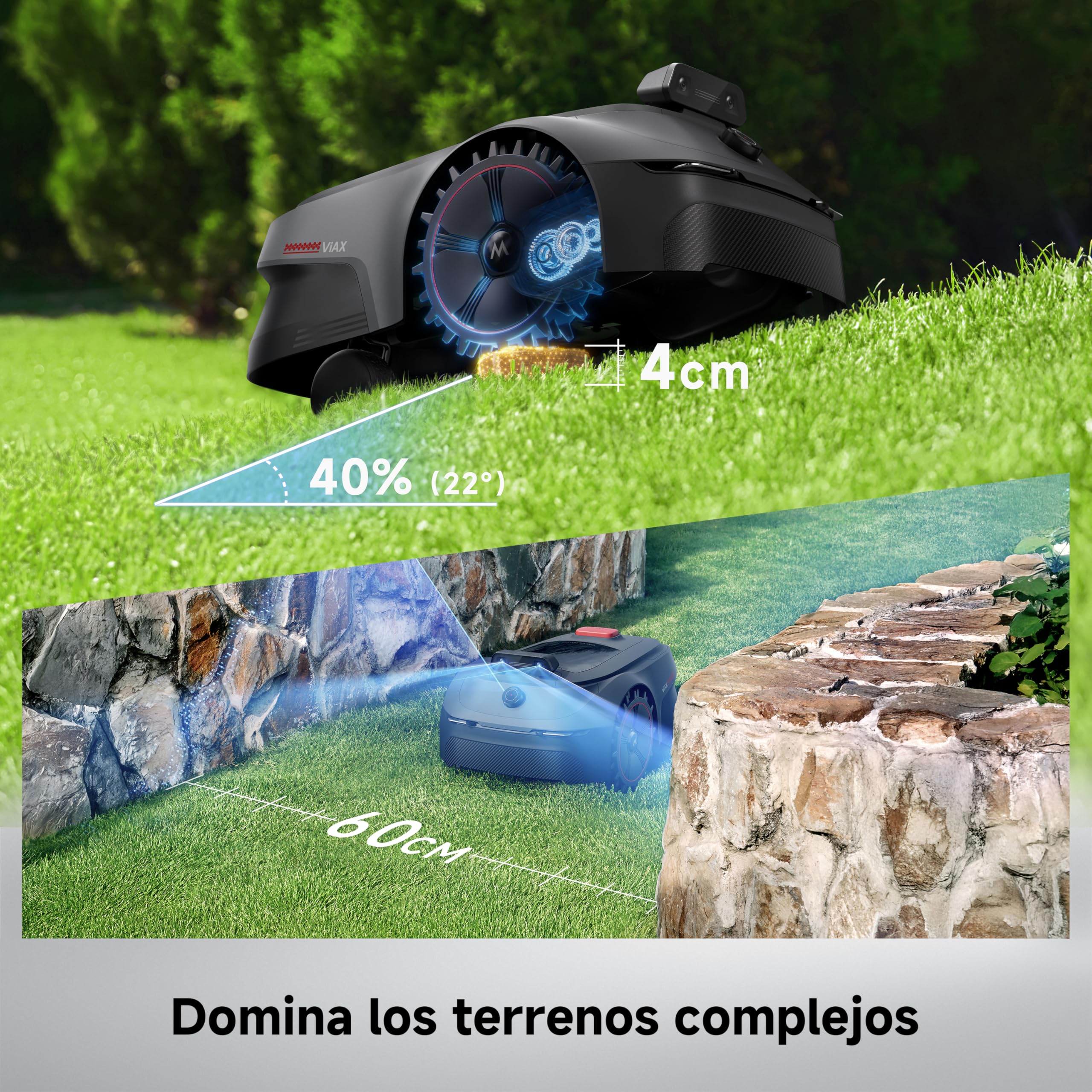 MOVA ViAX 500, Robot cortacésped, mapeo de 600 ㎡, mapeo automático con IA sin RTK, LiDAR de 360° + Visión Dual con IA, esquivación de obstáculos Inteligente, trayectorias en Forma de U