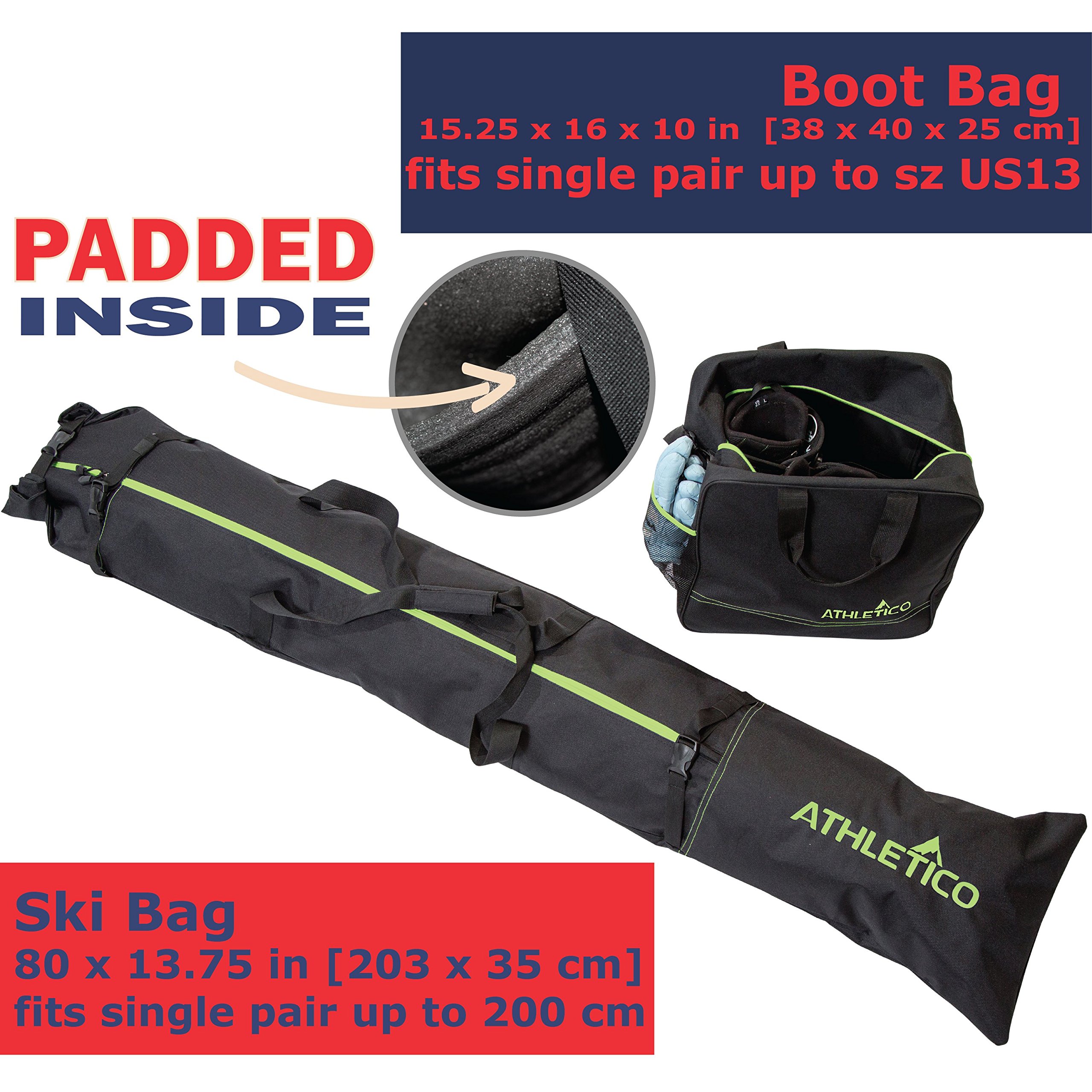 Athletico Gepolsterte Ski- und Skischuhtasche zum Verstauen und Transportieren von Skischuhen bis 200 cm und Skischuhe bis Größe 49 inkl. 1 gepolsterte Tasche und 1 gepolsterte Skischuhtasche