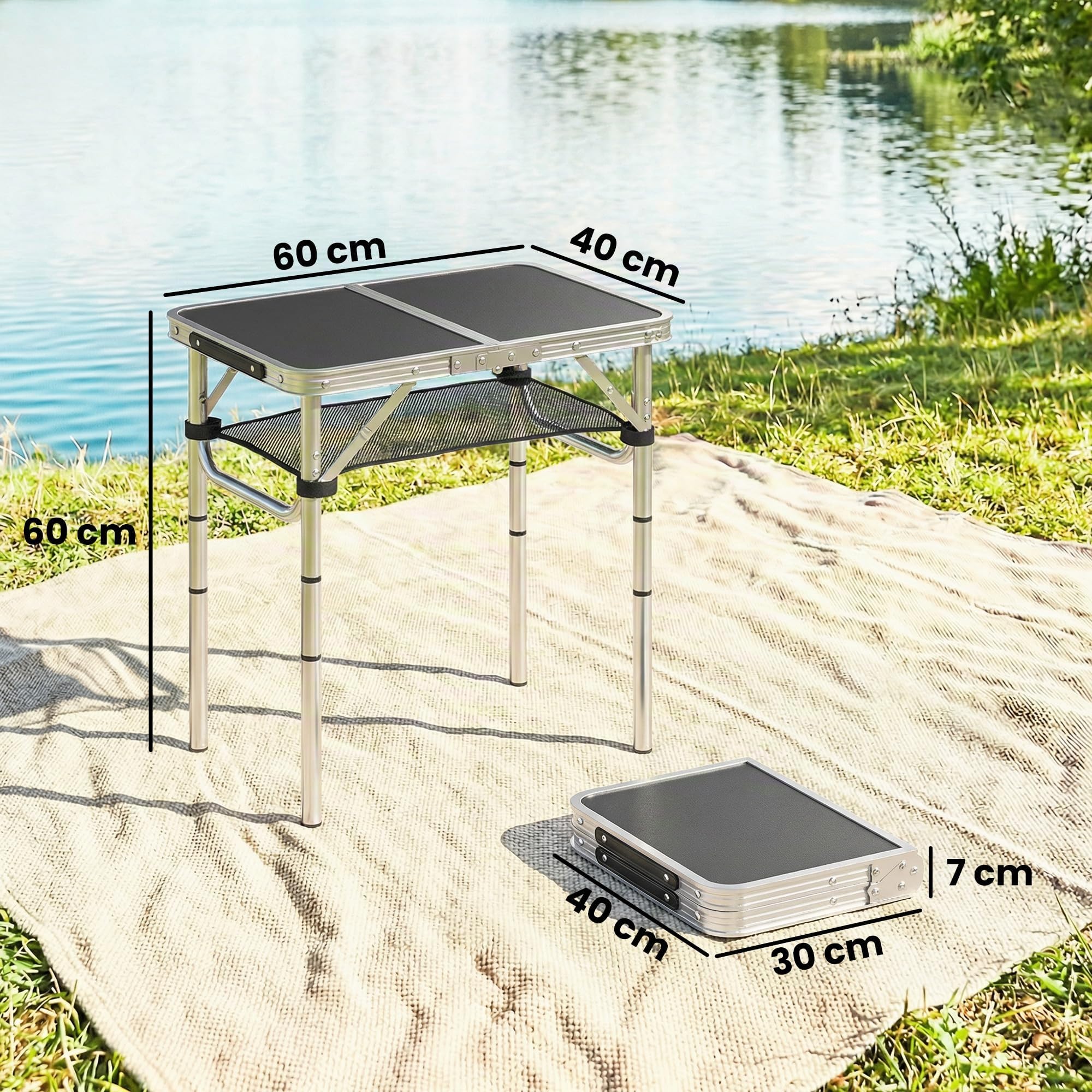 Outsunny Mesa Plegable Camping 60x40x60 cm Portátil Ajustable Negro
