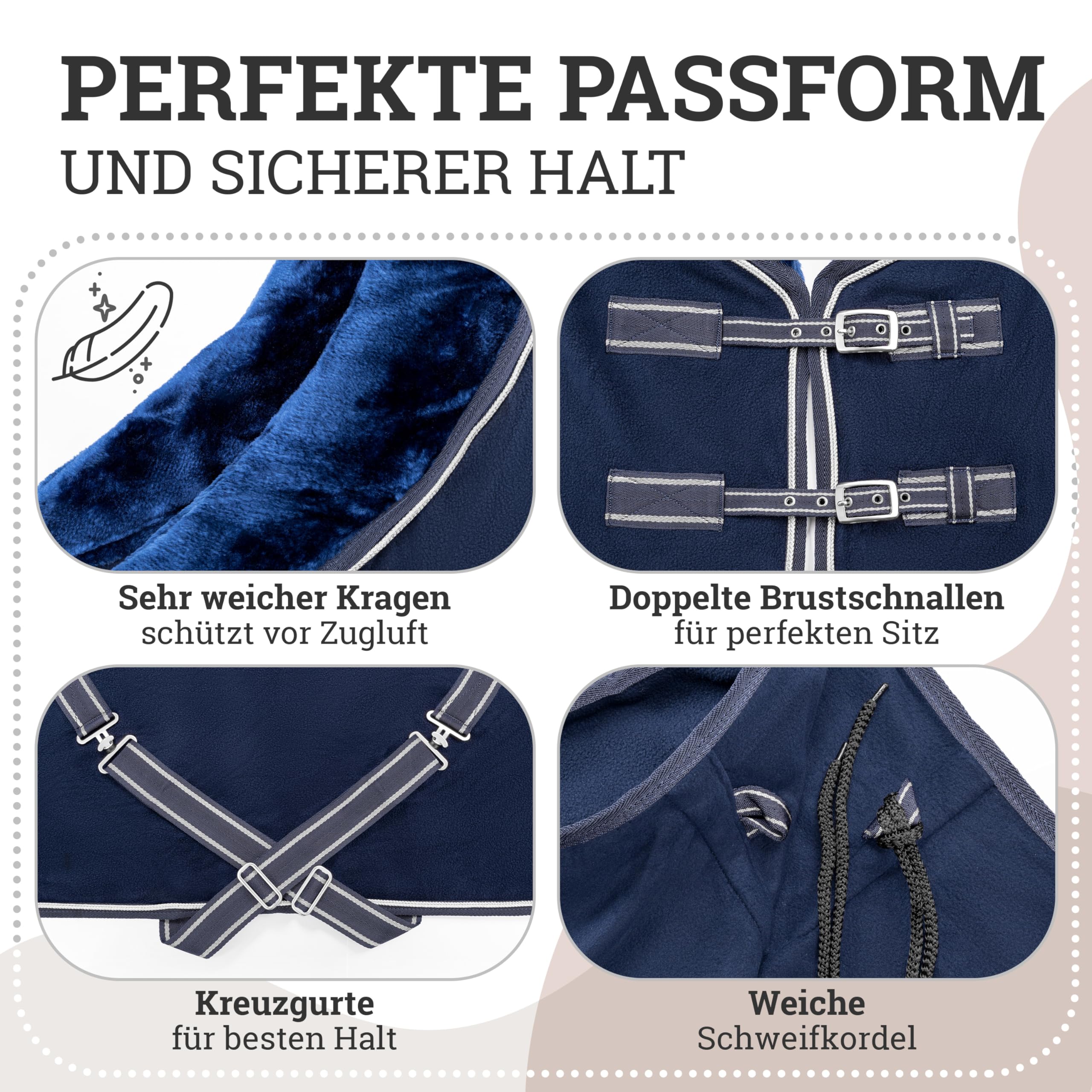 Esposita Esposita Abschwitzdecke Champion Edition Fleecedecke mit Kragen und Zierpaspel, Paradedecke, Showdecke (Navy/Silber, 155cm)