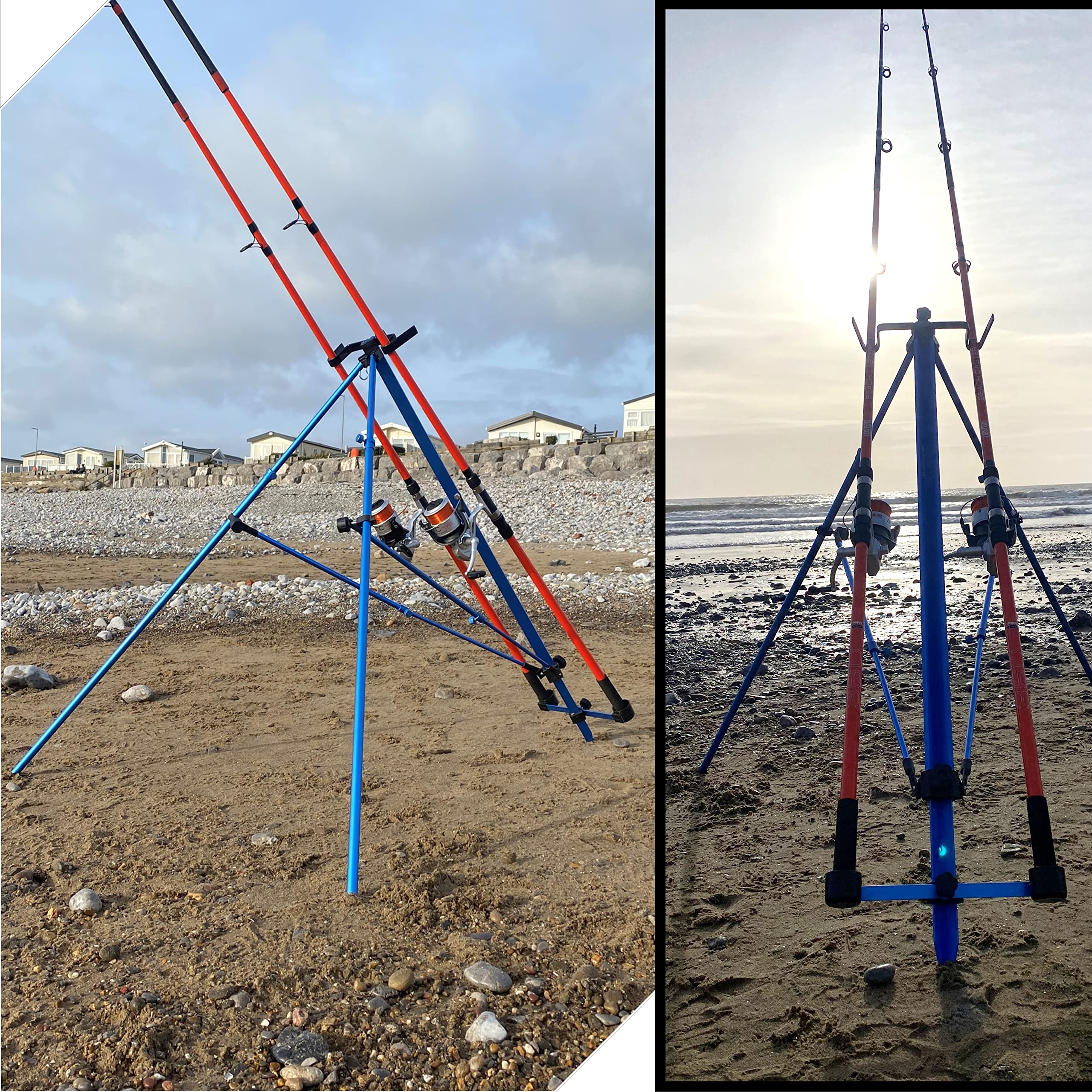 2 12FT BEACH CASTER SEA FISHING RODS 2 LFS ATLANTIC OCEAN ORANGE REELS + TRIPOD