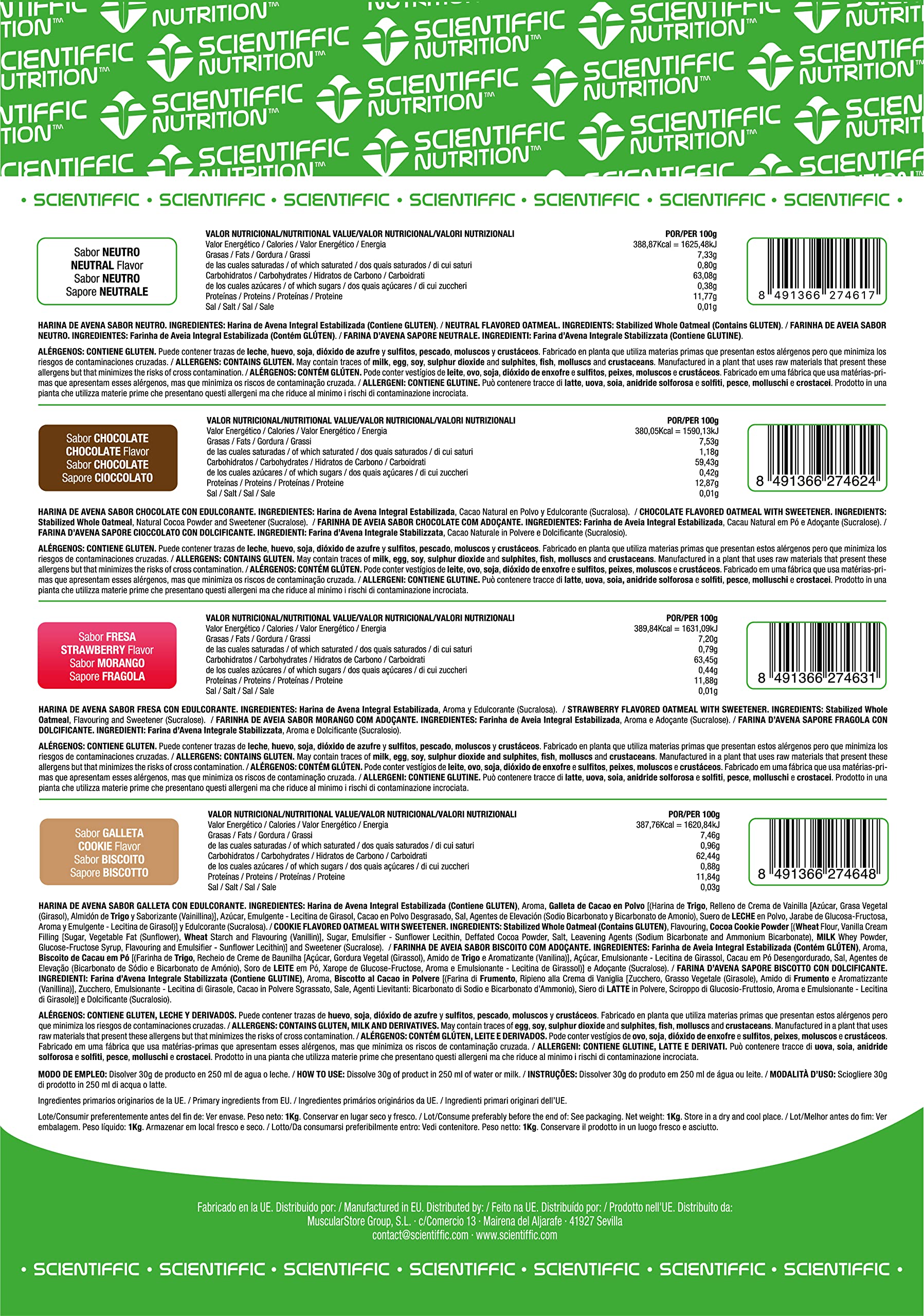 Scientiffic Nutrition - Harina de avena, Fuente de Proteínas, Baja en Azúcares, 100% Natural, Contribuye al Desarrollo de la Masa Muscular, Sabor Nuetro, Sin Sabor - 1 Kg — view 3